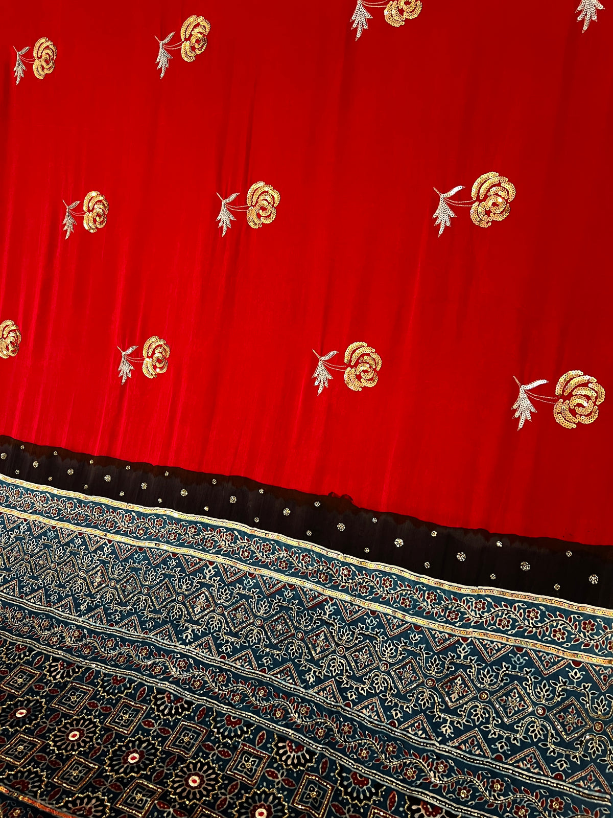 CRIMSON ROSE - Pure Modal Ajrakh Hand Embroidered Saree
