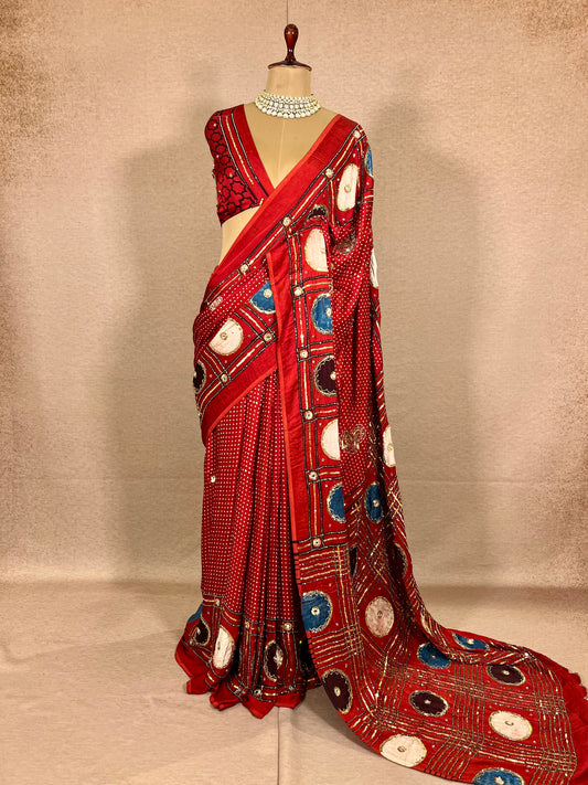 JEWEL MUSE - Pure Modal Ajrakh Hand Embroidered Saree