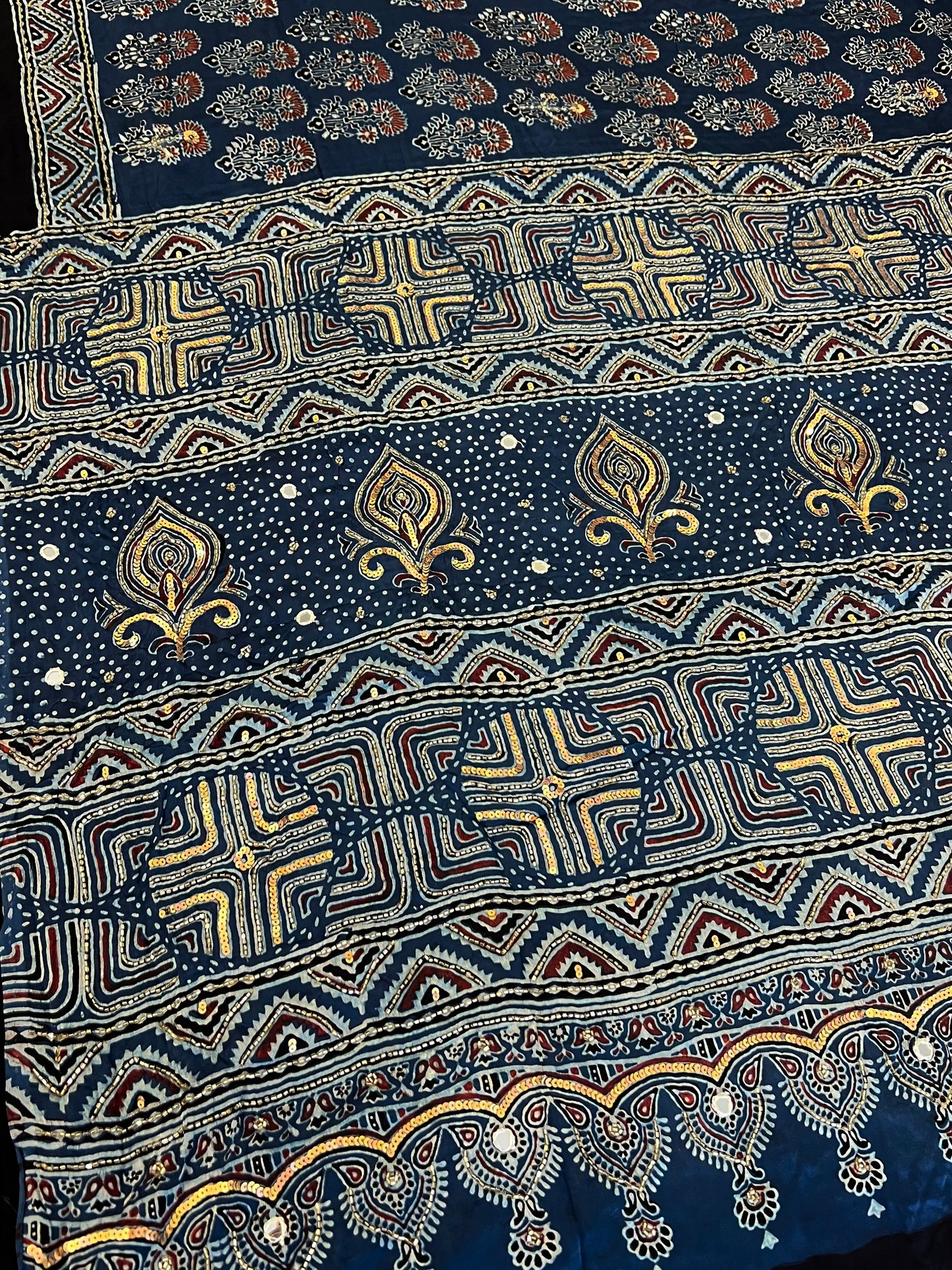 OCEAN BLOOM - Pure Modal Ajrakh Hand Embroidered Saree