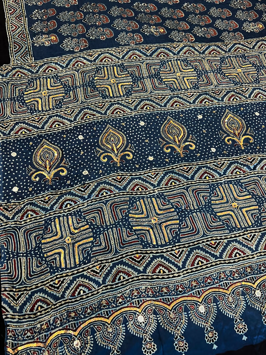 OCEAN BLOOM - Pure Modal Ajrakh Hand Embroidered Saree