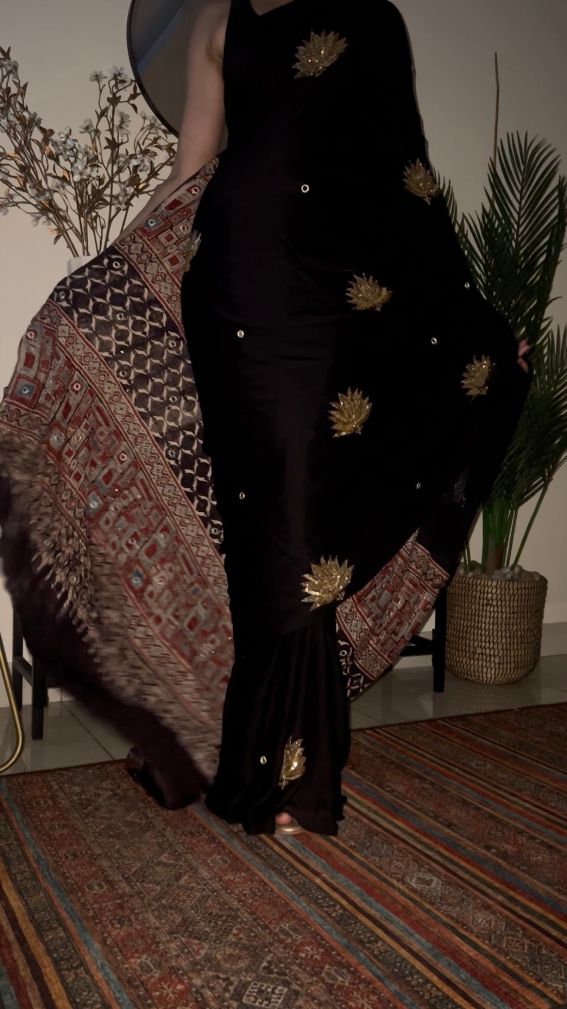 COSMIC LOTUS - Pure Modal Ajrakh Hand Embroidered Saree