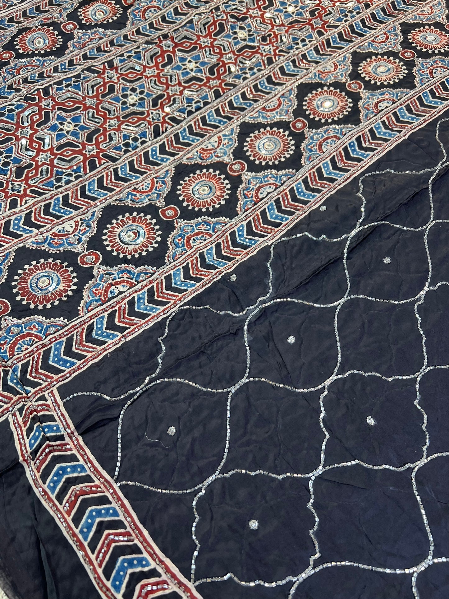 STARLIT NIGHT - Pure Modal Ajrakh Hand Embroidered Saree