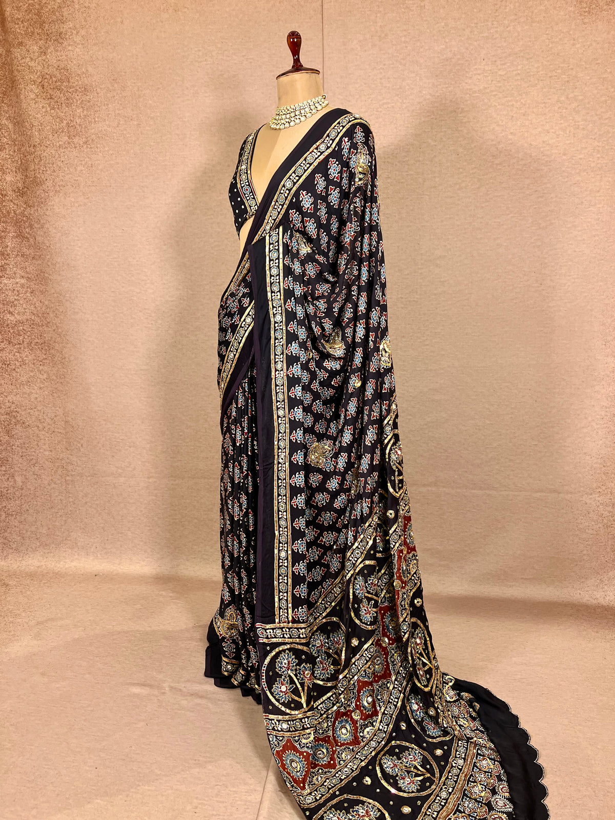 SPARKLE BLOOM - Pure Modal Ajrakh Hand Embroidered Saree
