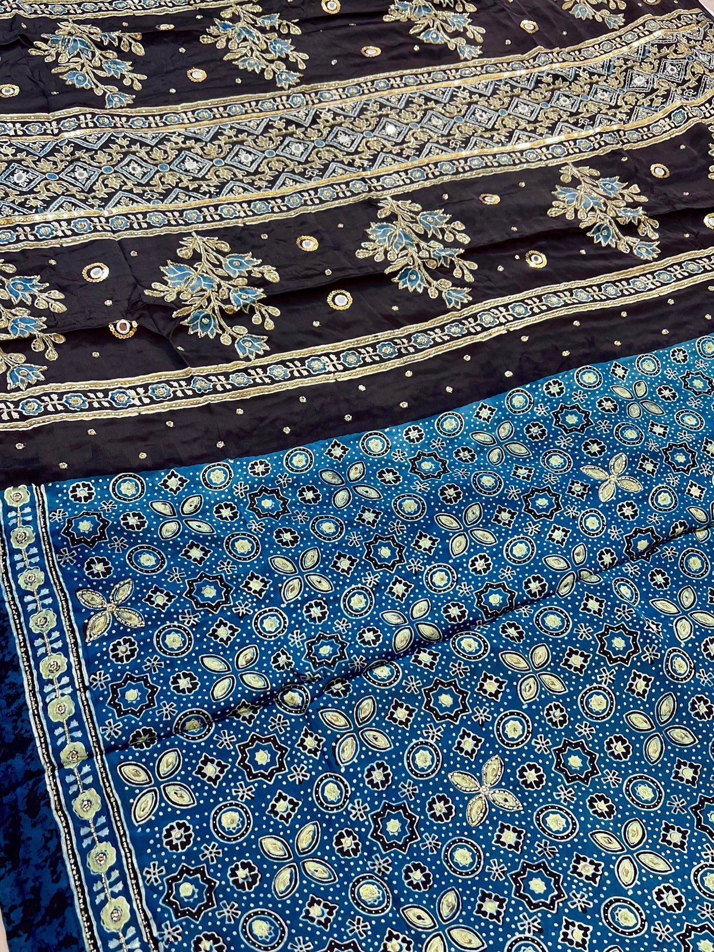 INDIGO FLORA - Pure Modal Ajrakh Hand Embroidered Saree