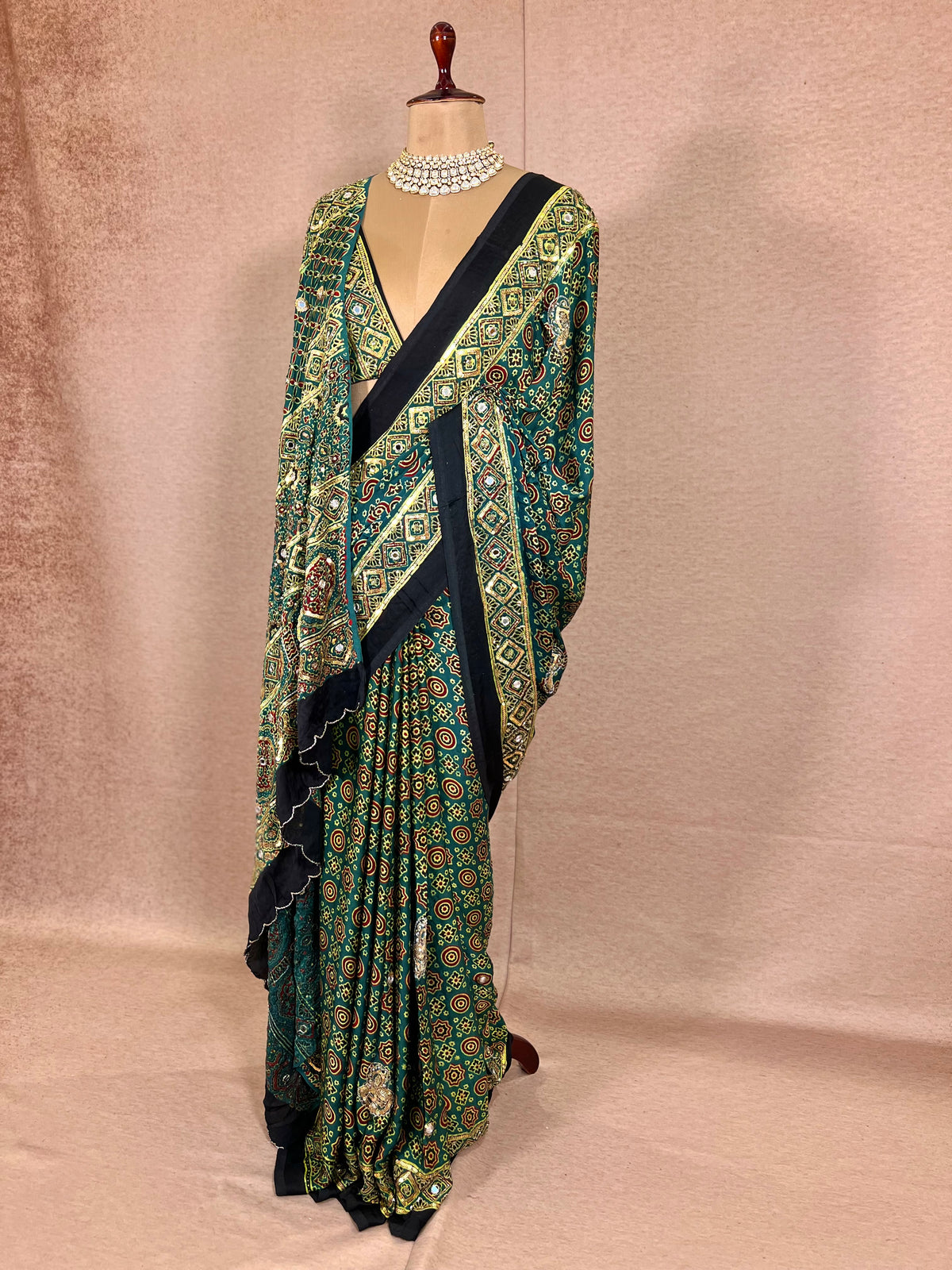 GLITTER ALLURE - Pure Modal Ajrakh Hand Embroidered Saree