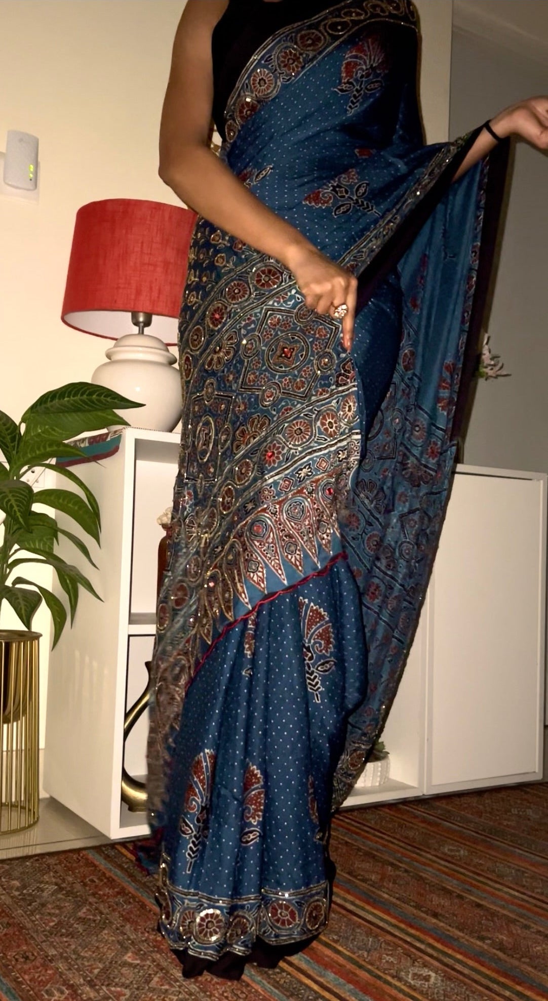 Royal Blossom - Pure Modal Ajrakh Hand Embroidered Saree