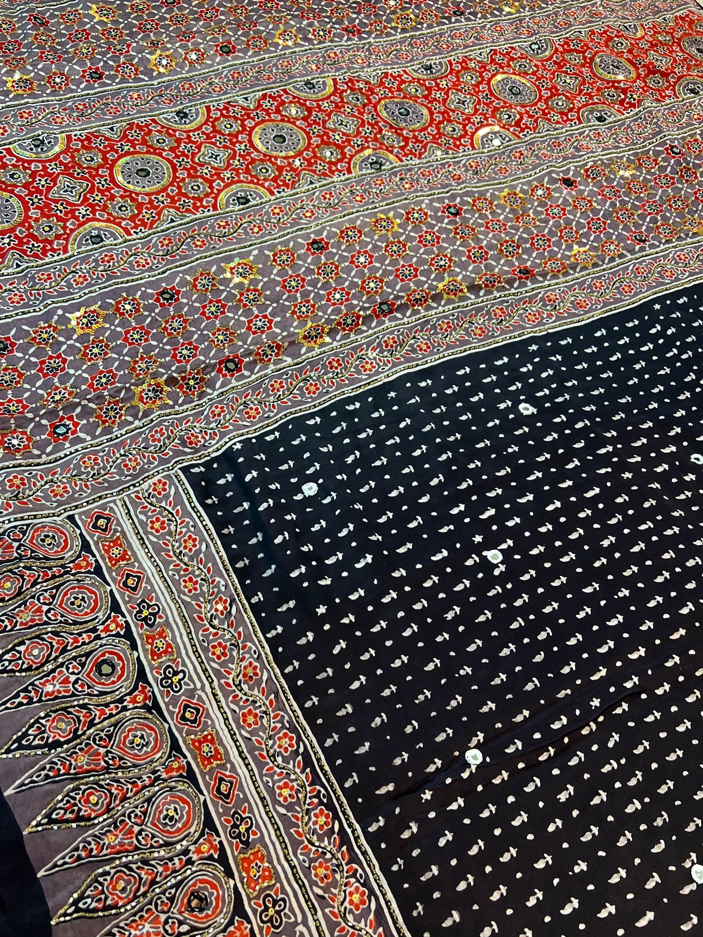 VELVET TRUFFLE - Pure Modal Ajrakh Hand Embroidered Saree