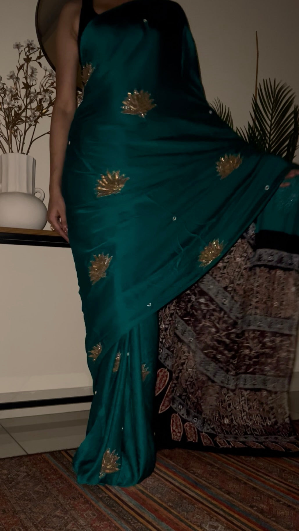 JADE LOTUS - Pure Modal Ajrakh Hand Embroidered Saree