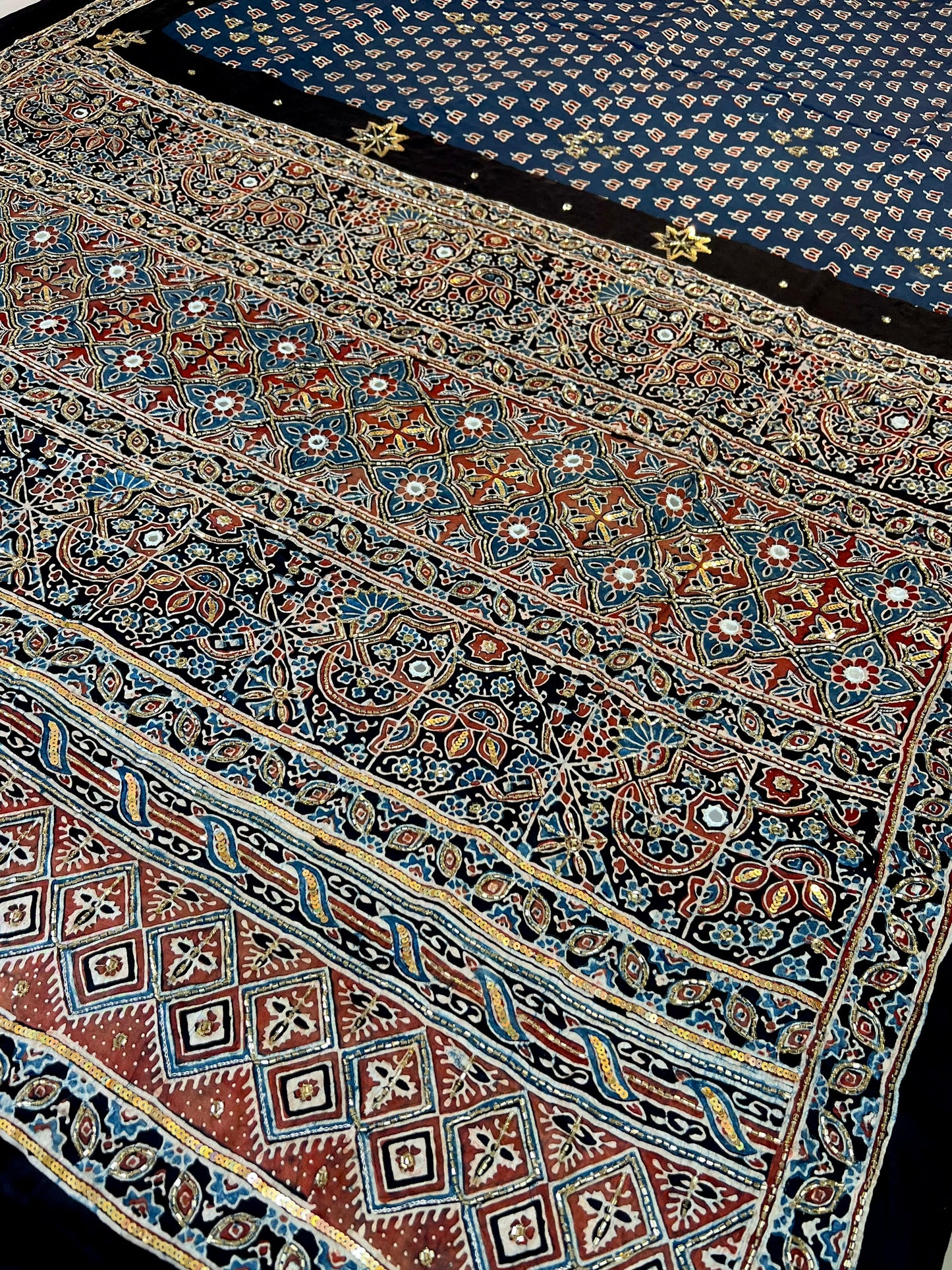 COBALT BLOOM - Pure Modal Ajrakh Hand Embroidered Saree