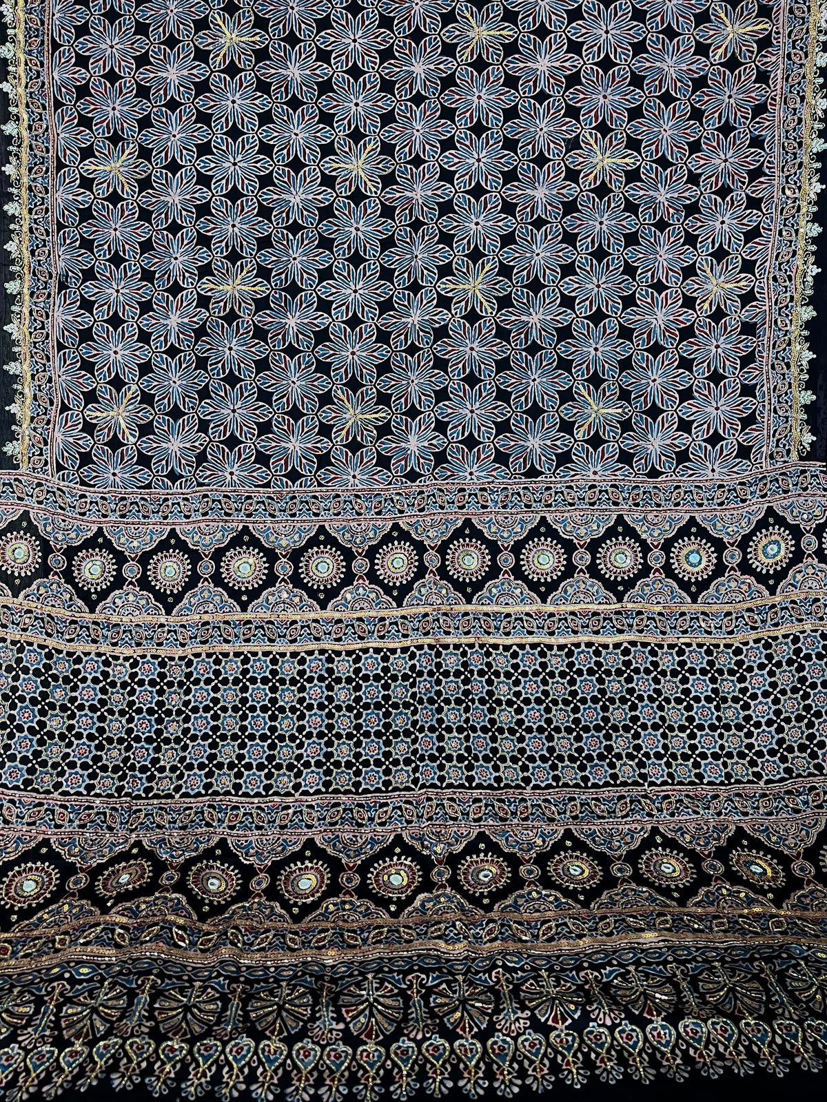 LUNAR BLOOM - Pure Modal Ajrakh Hand Embroidered Saree