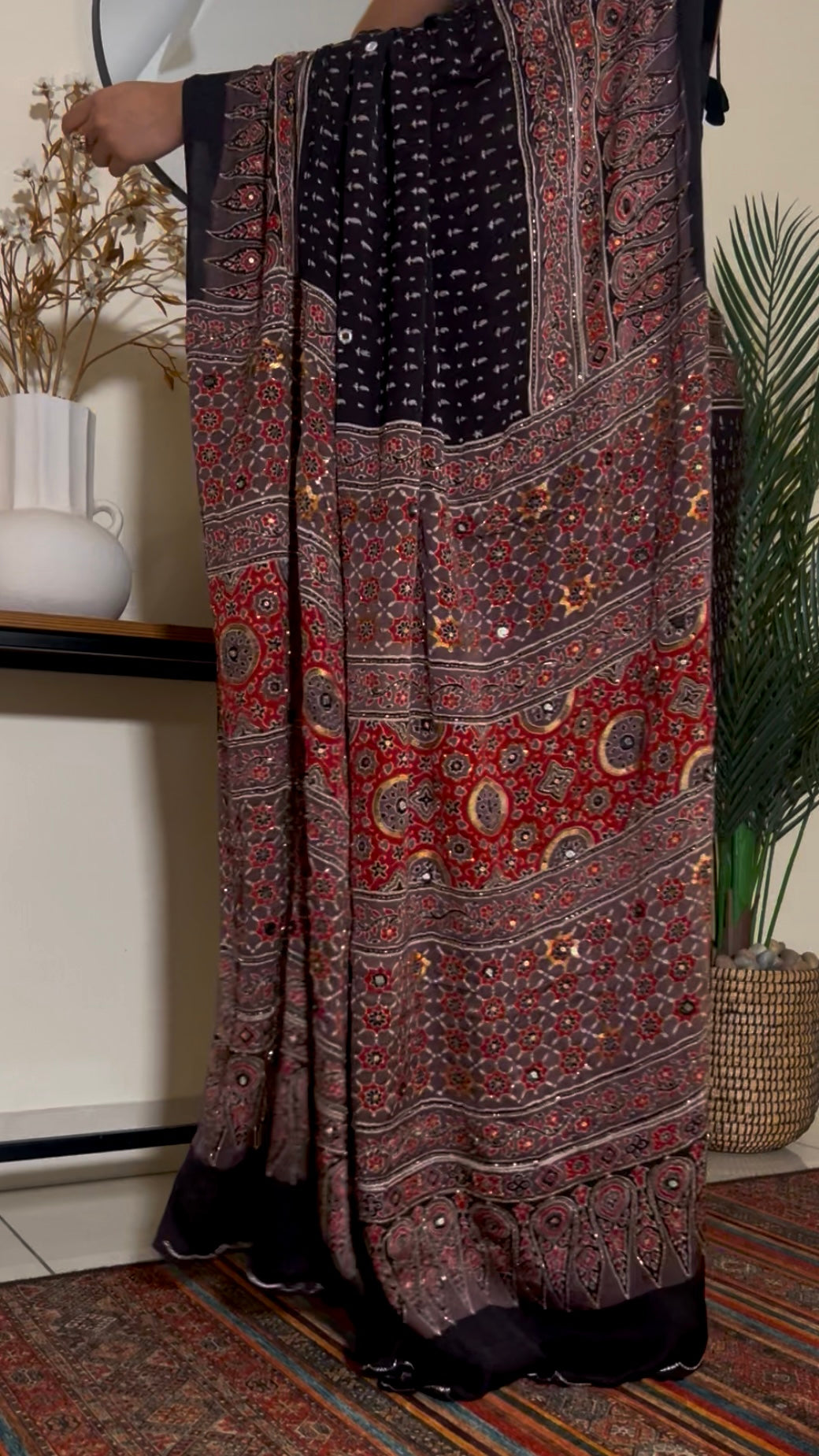 VELVET TRUFFLE - Pure Modal Ajrakh Hand Embroidered Saree