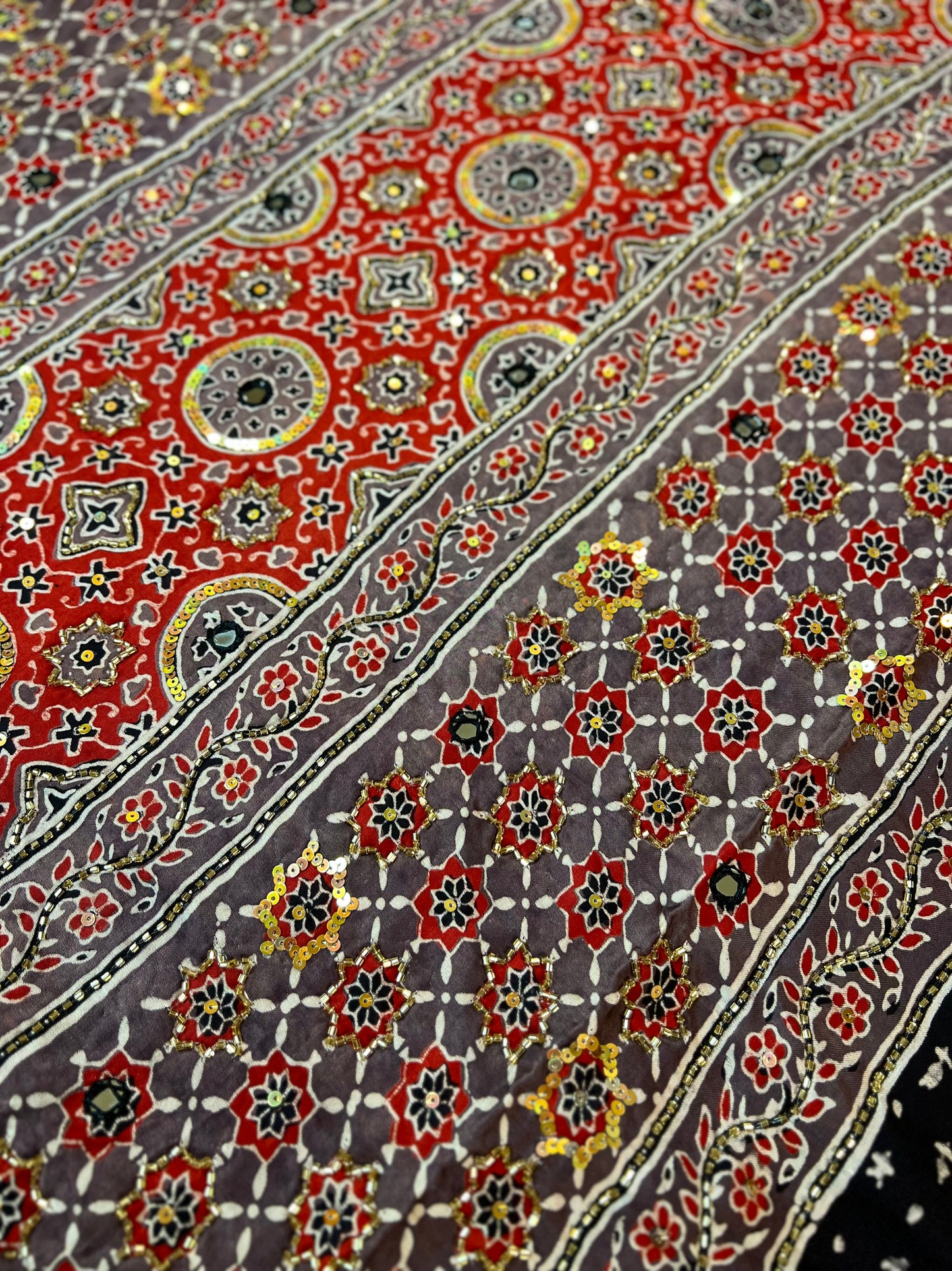 VELVET TRUFFLE - Pure Modal Ajrakh Hand Embroidered Saree
