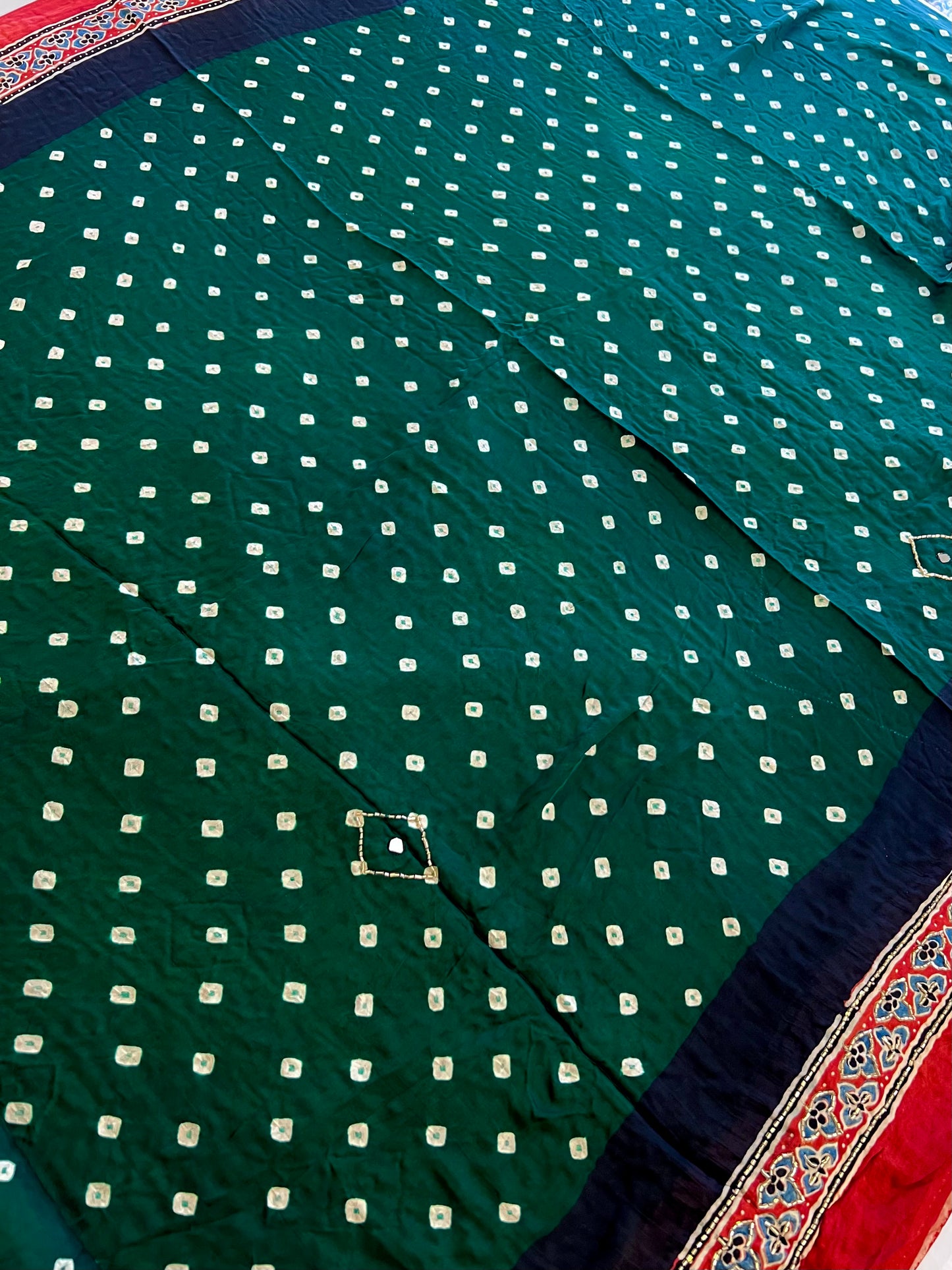 GREEN GRANDEUR - Pure Modal Bandhani Ajrakh Hand Embroidered Saree
