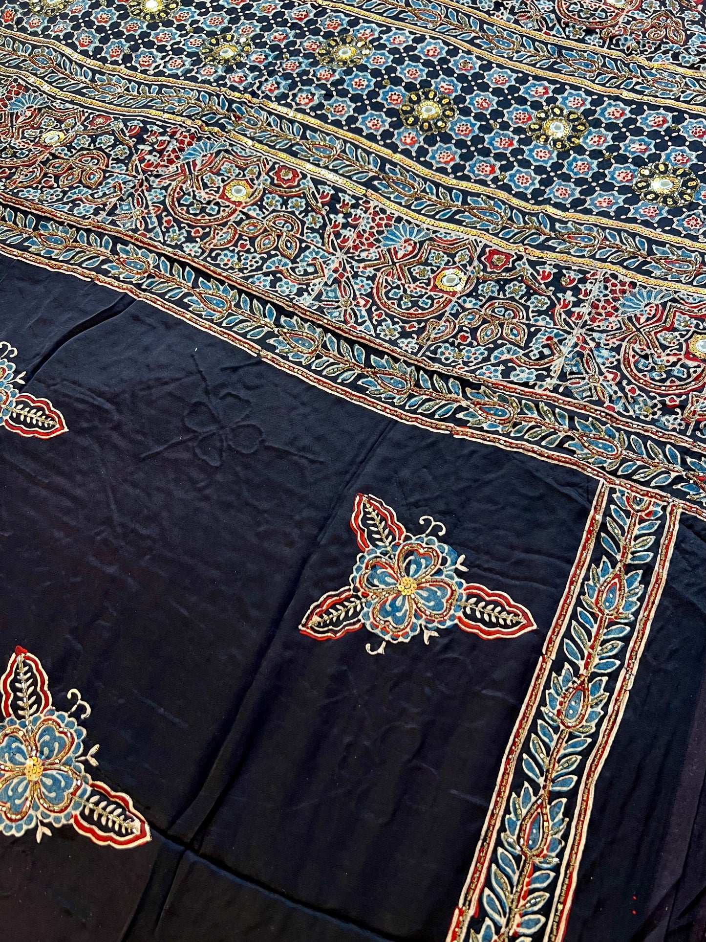 BLACK CAMELIA - Pure Modal Ajrakh Hand Embroidered Saree