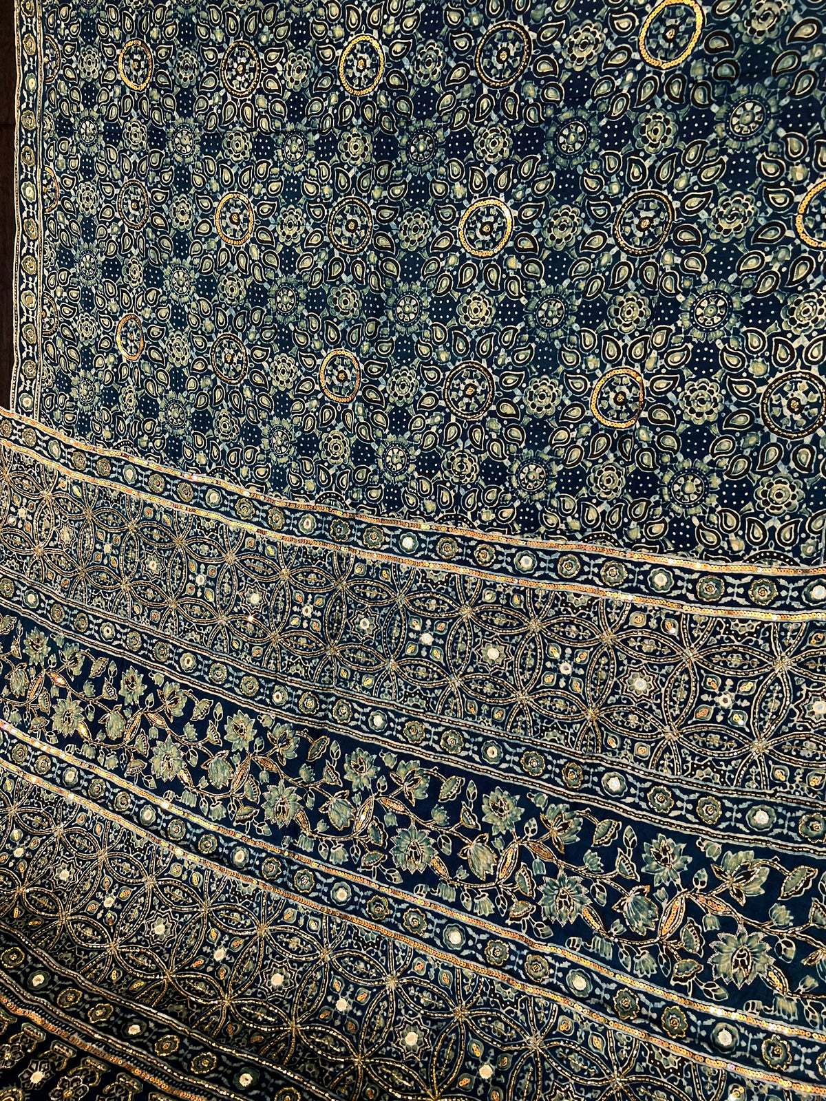 AQUA WHISPER - Pure Modal Ajrakh Hand Embroidered Saree