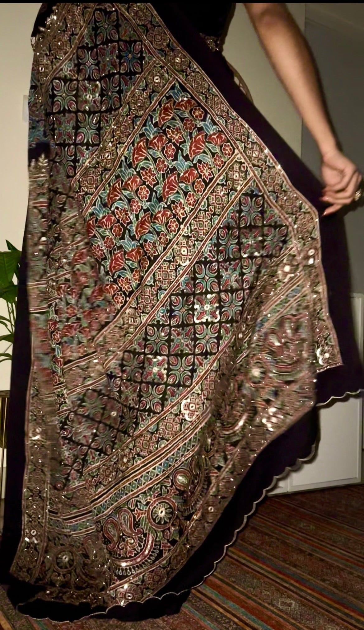 Regal Petals - Pure Modal Ajrakh Hand Embroidered Saree