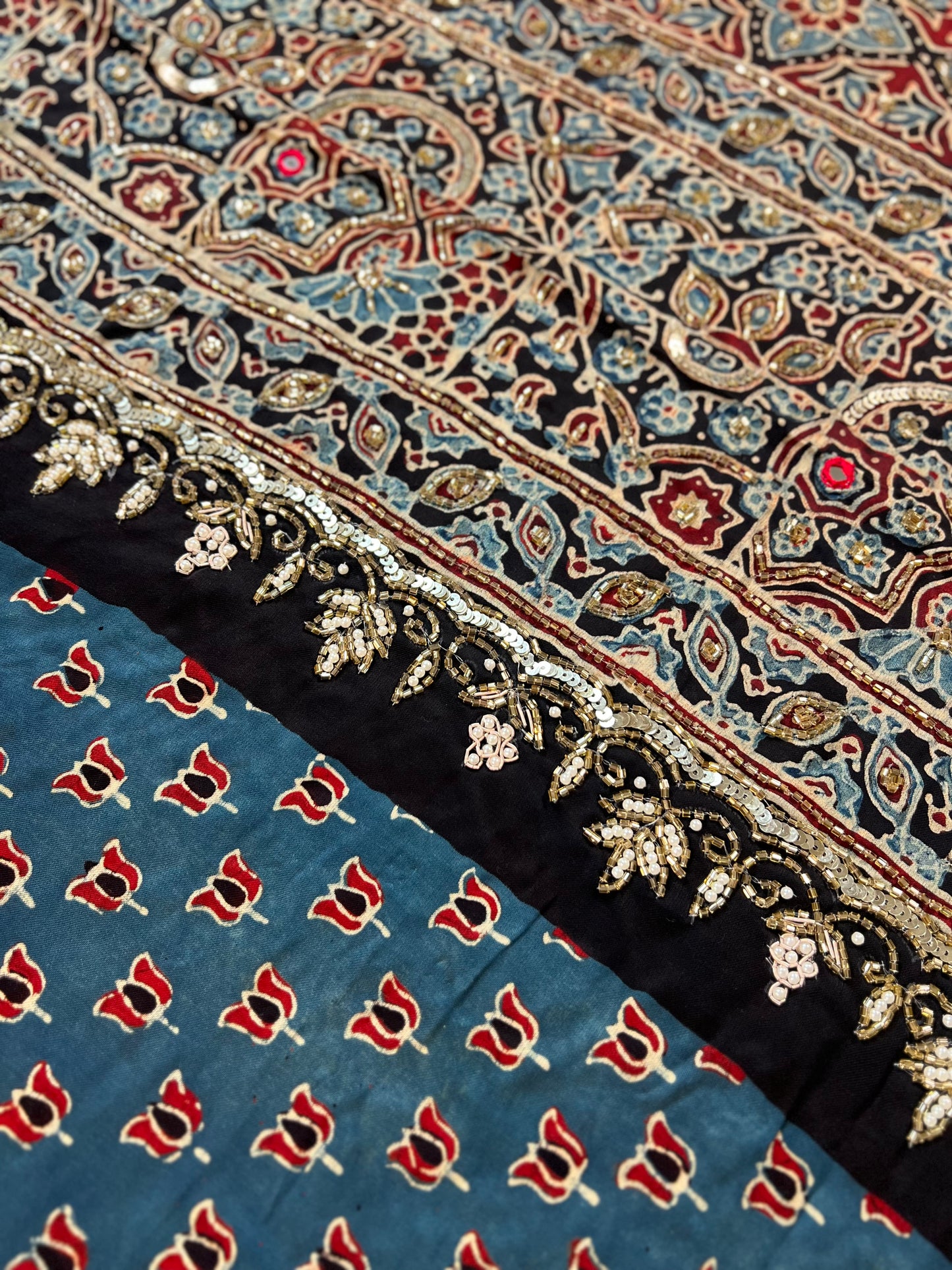 BLUE MEADOW - Pure Modal Ajrakh Hand Embroidered Saree