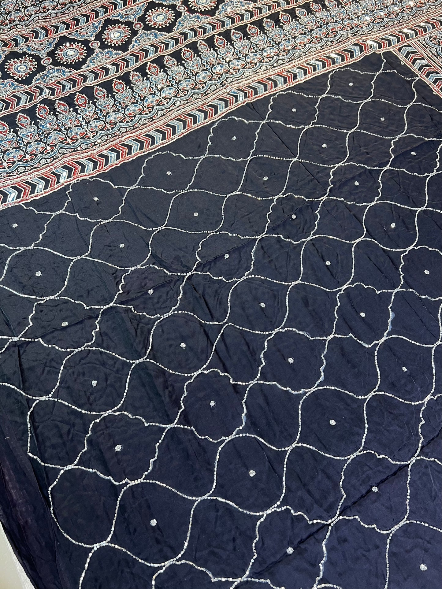 MIDNIGHT ECLIPSE - Pure Modal Ajrakh Hand Embroidered Saree