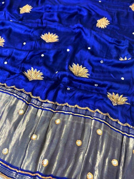 SAPPHIRE LOTUS - Pure Modal Hand Embroidered Saree with Tassels