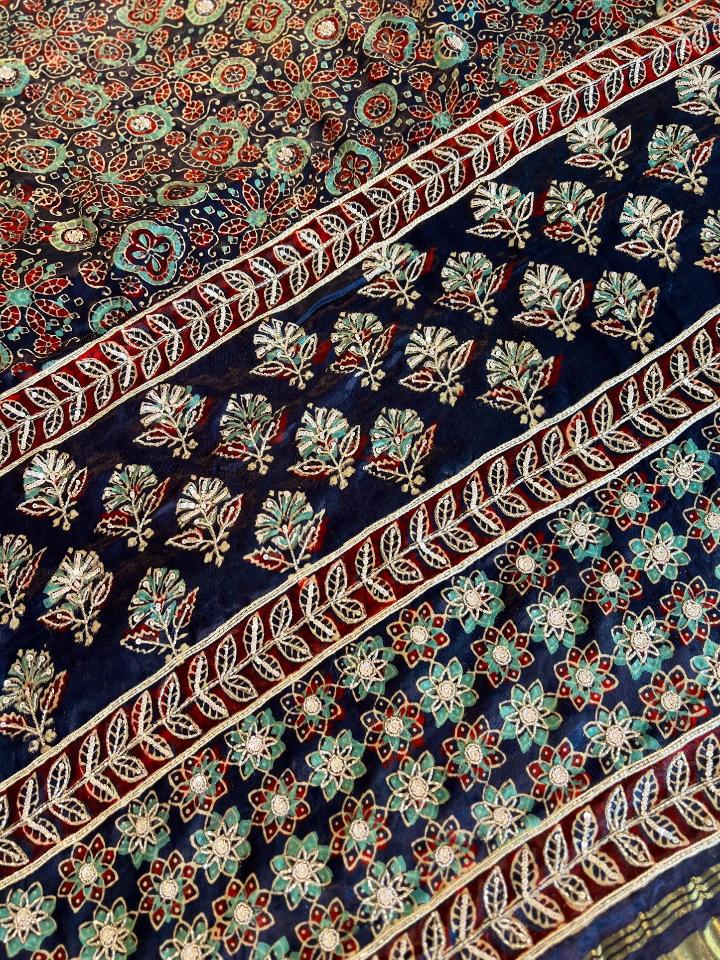 BLUE ROYALE - Pure Modal Ajrakh Hand Embroidered Saree