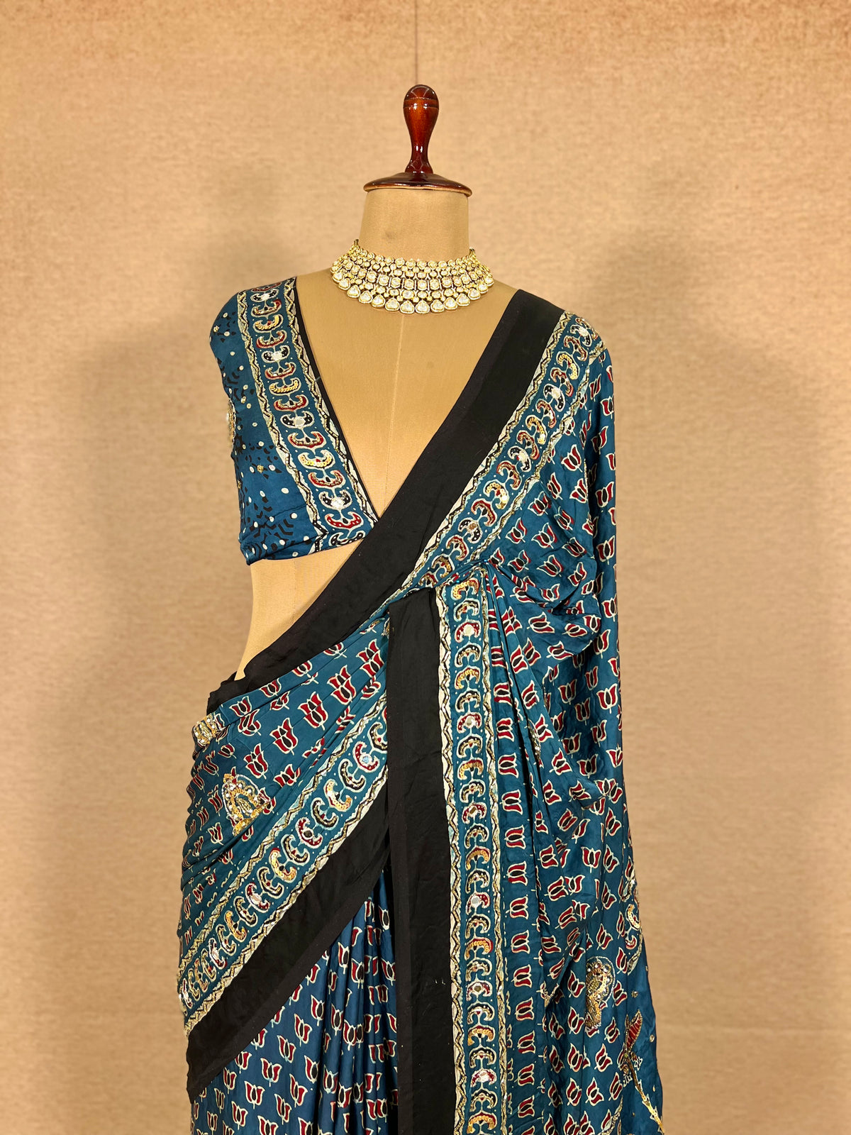 DIVINE SPARKLE - Pure Modal Ajrakh Hand Embroidered Saree