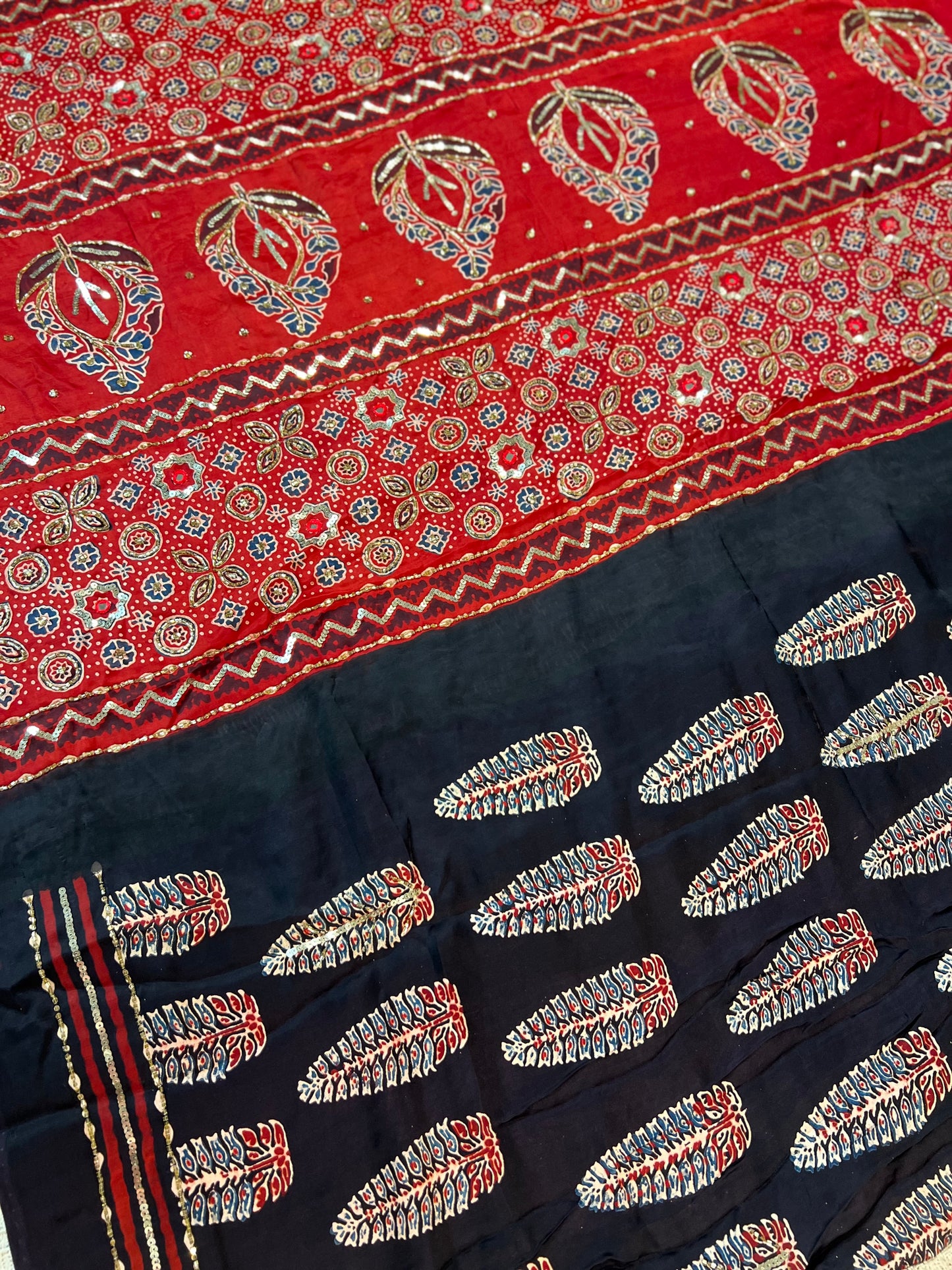 CRIMSON ECLIPSE - Pure Modal Ajrakh Hand Embroidered Saree