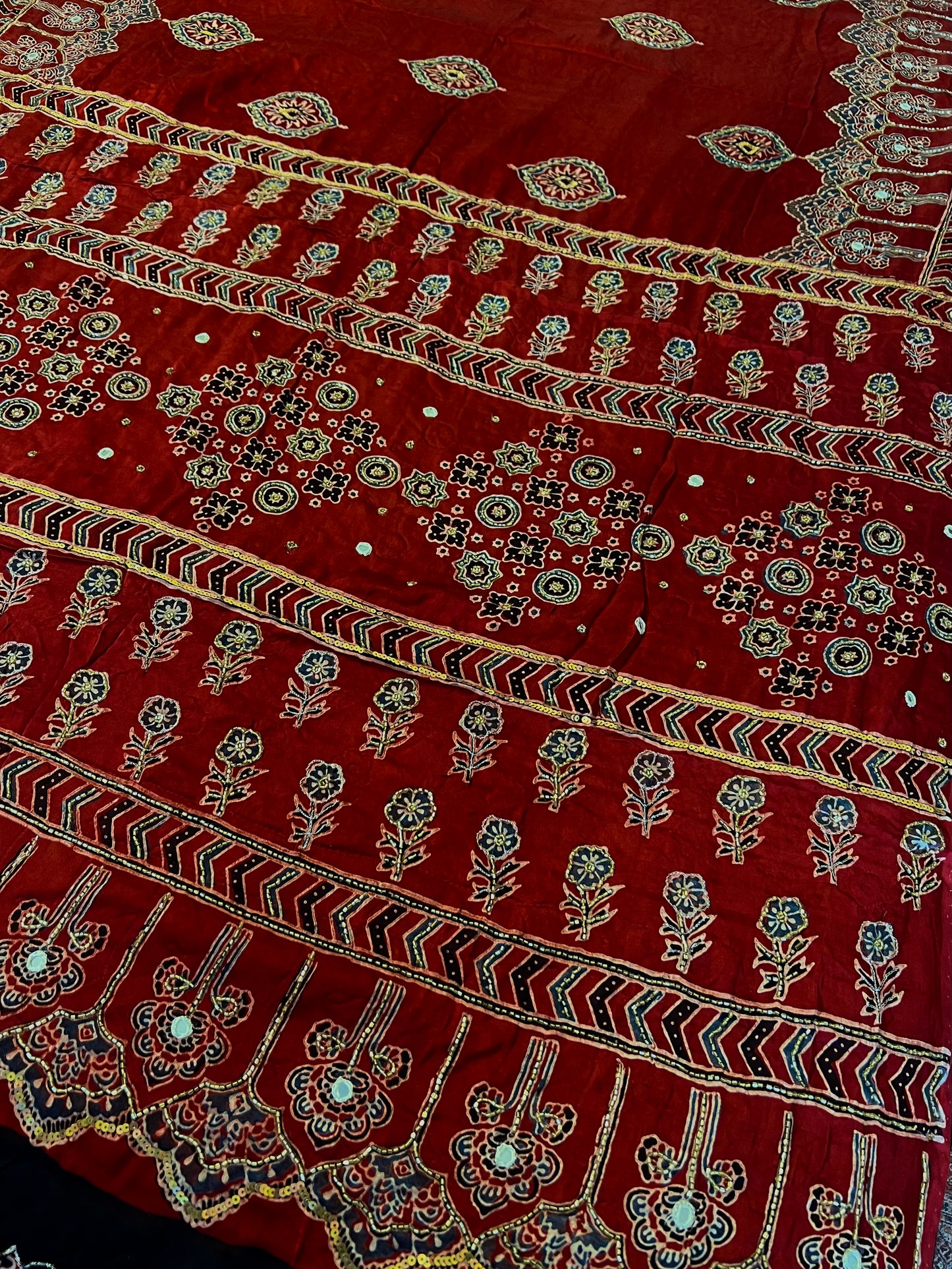 GARNET FLAME - Pure Modal Ajrakh Hand Embroidered Saree