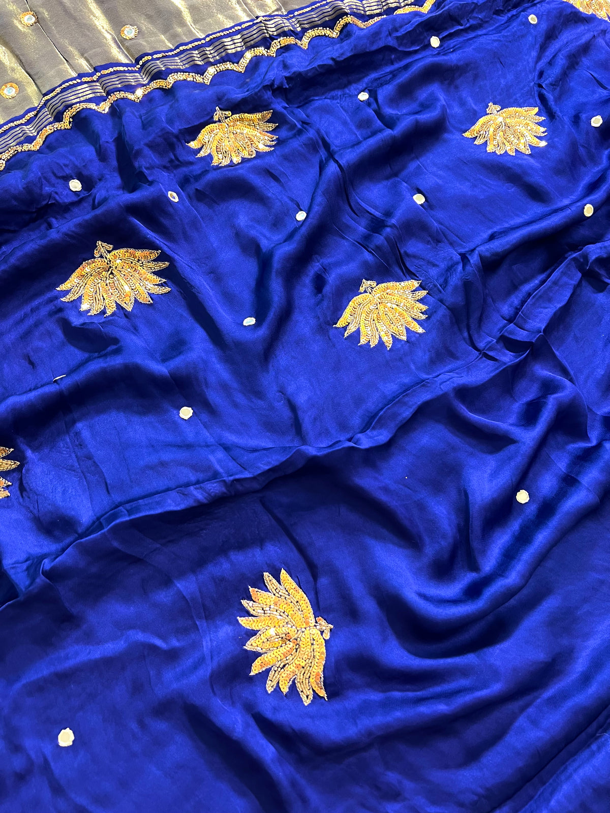 SAPPHIRE LOTUS - Pure Modal Hand Embroidered Saree with Tassels