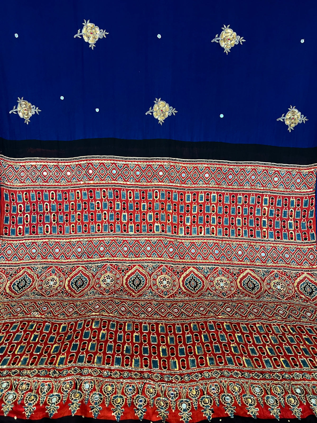 AZURITE ROSE - Pure Modal Ajrakh Hand Embroidered Saree