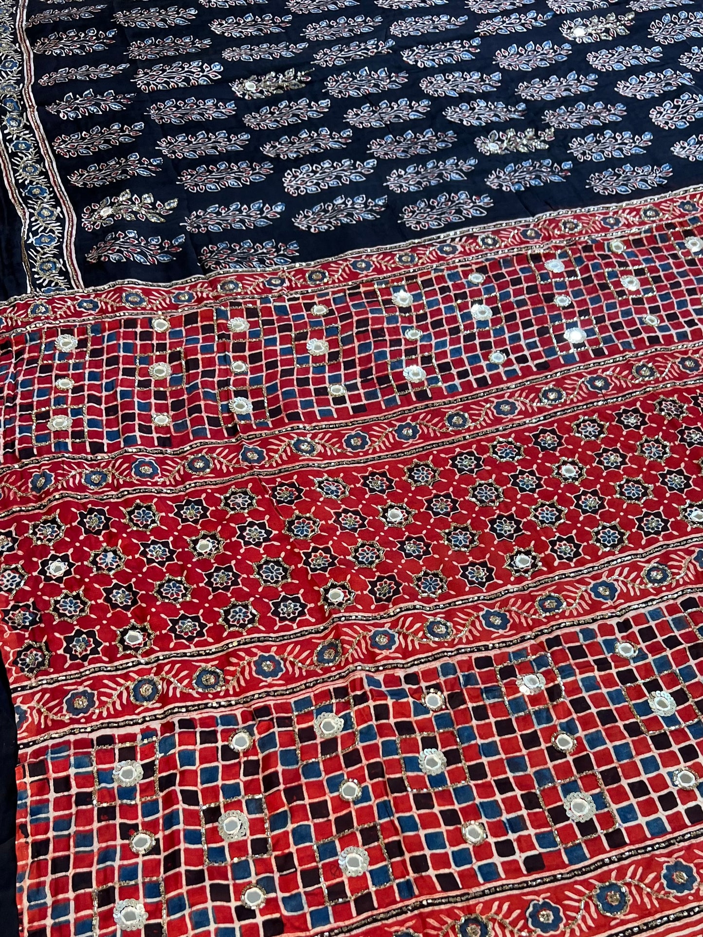 MIDNIGHT ROUGE - Pure Modal Ajrakh Hand Embroidered Saree
