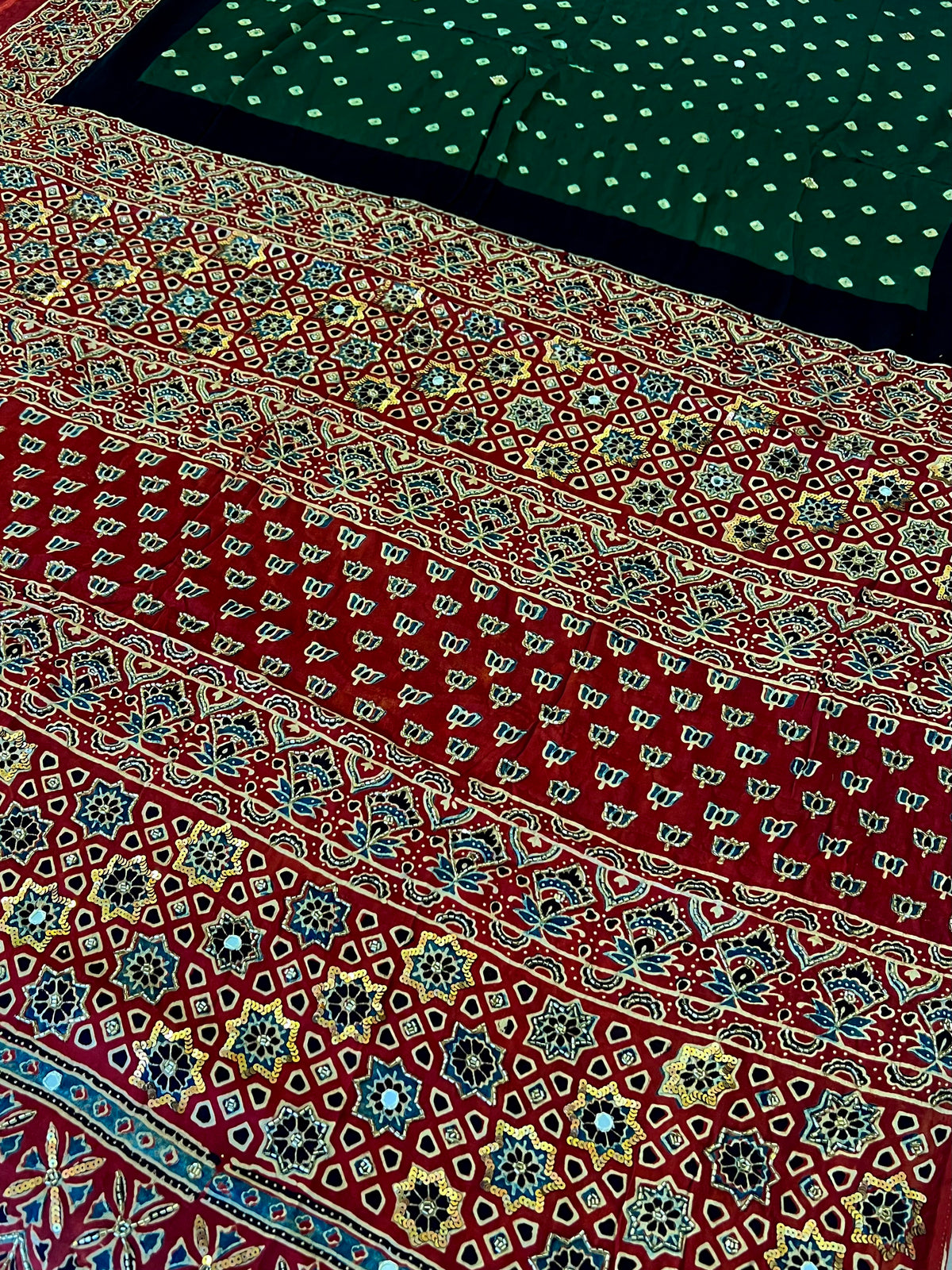 GREEN ROYALTY - Pure Modal Bandhani Ajrakh Hand Embroidered Saree