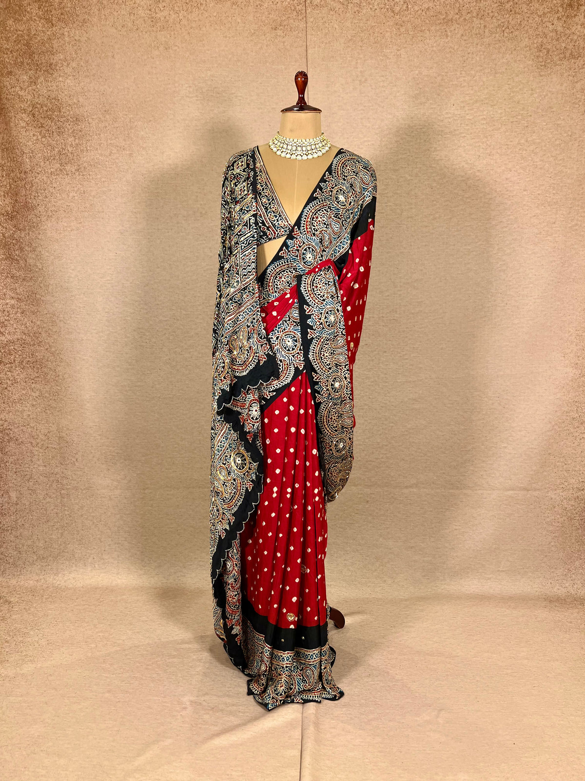RED SPLENDOUR - Pure Modal Bandhani Ajrakh Hand Embroidered Saree