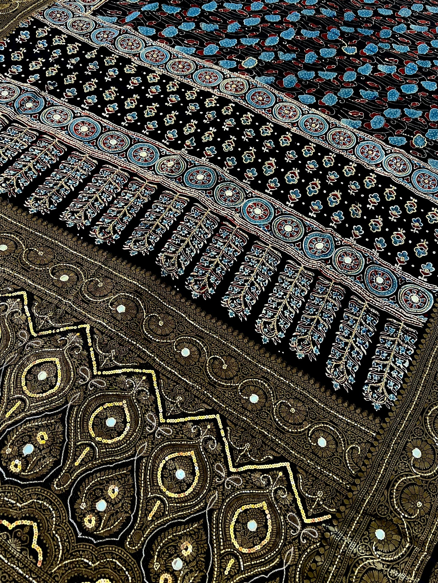 NOIR RADIANCE - Pure Dola Ajrakh Hand Embroidered Saree
