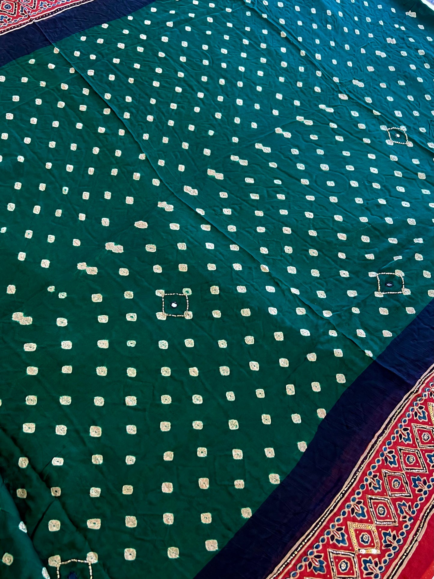 GREEN REGALIA - Pure Modal Bandhani Ajrakh Hand Embroidered Saree