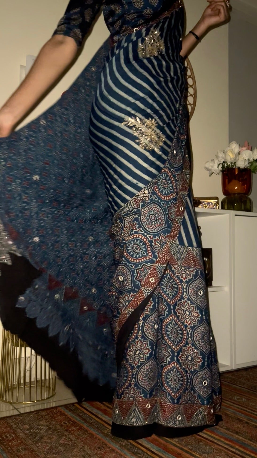 INDIGO STARDUST - Pure Modal Ajrakh Hand Embroidered Saree