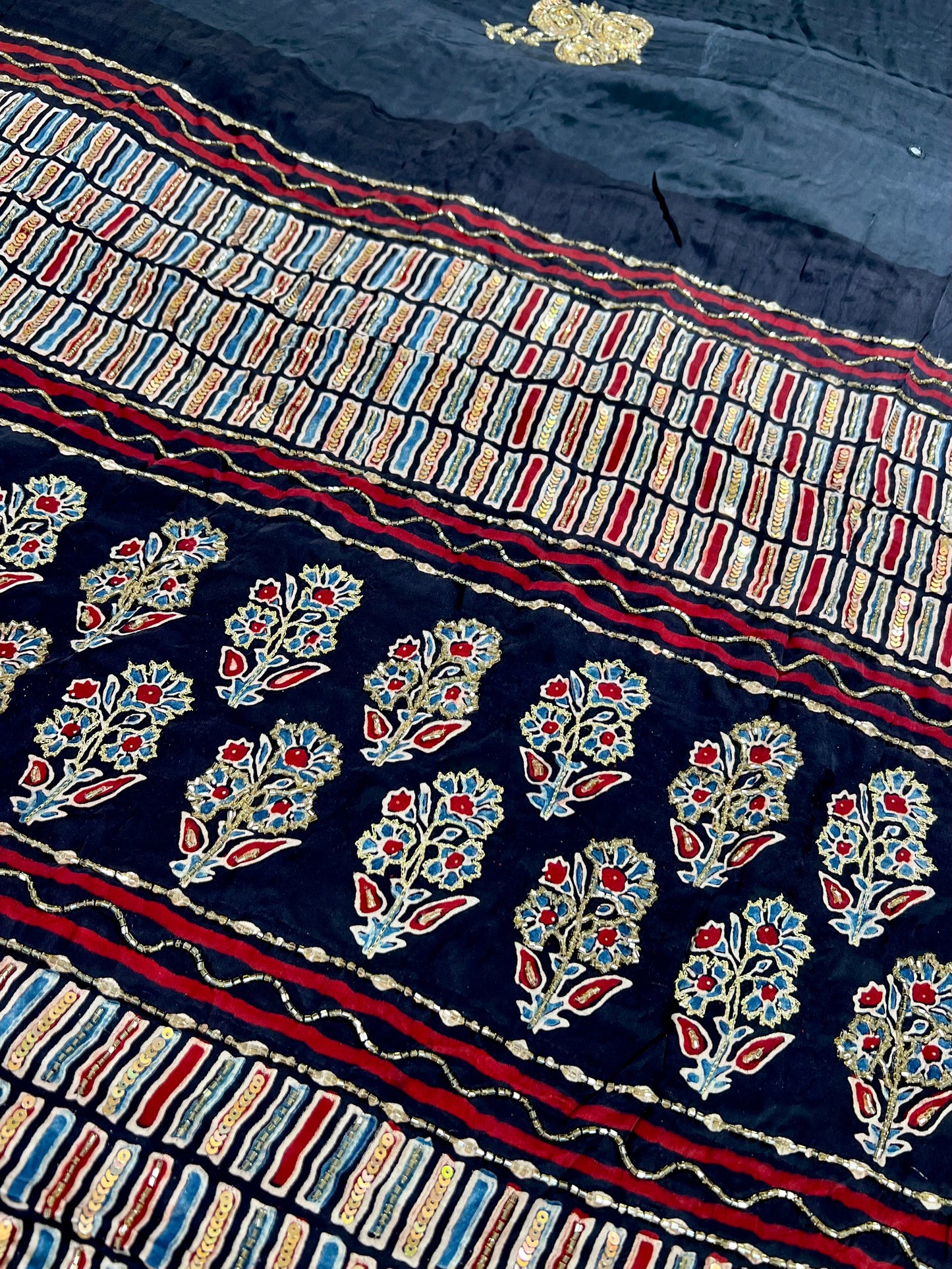 NIGHT ROSE - Pure Modal Ajrakh Hand Embroidered Saree