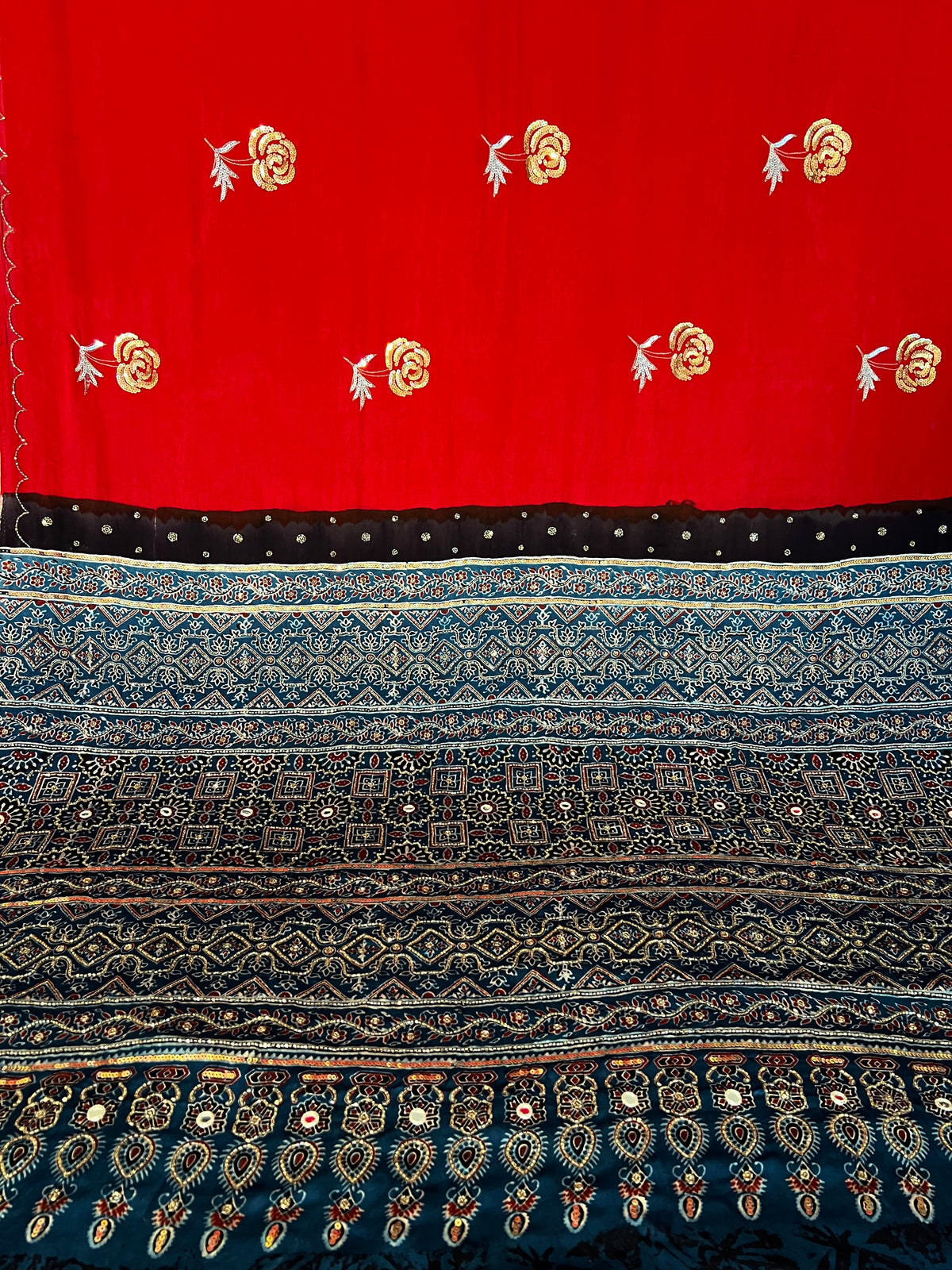 CRIMSON ROSE - Pure Modal Ajrakh Hand Embroidered Saree