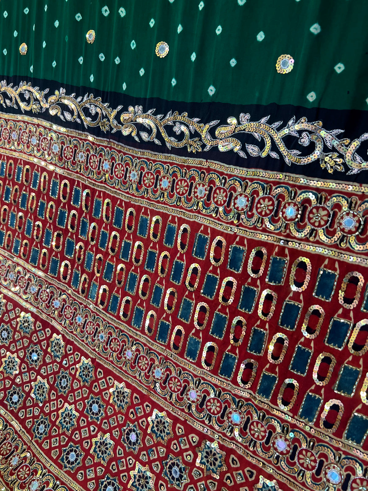 GREEN OPULENCE - Pure Modal Bandhani Ajrakh Hand Embroidered Saree
