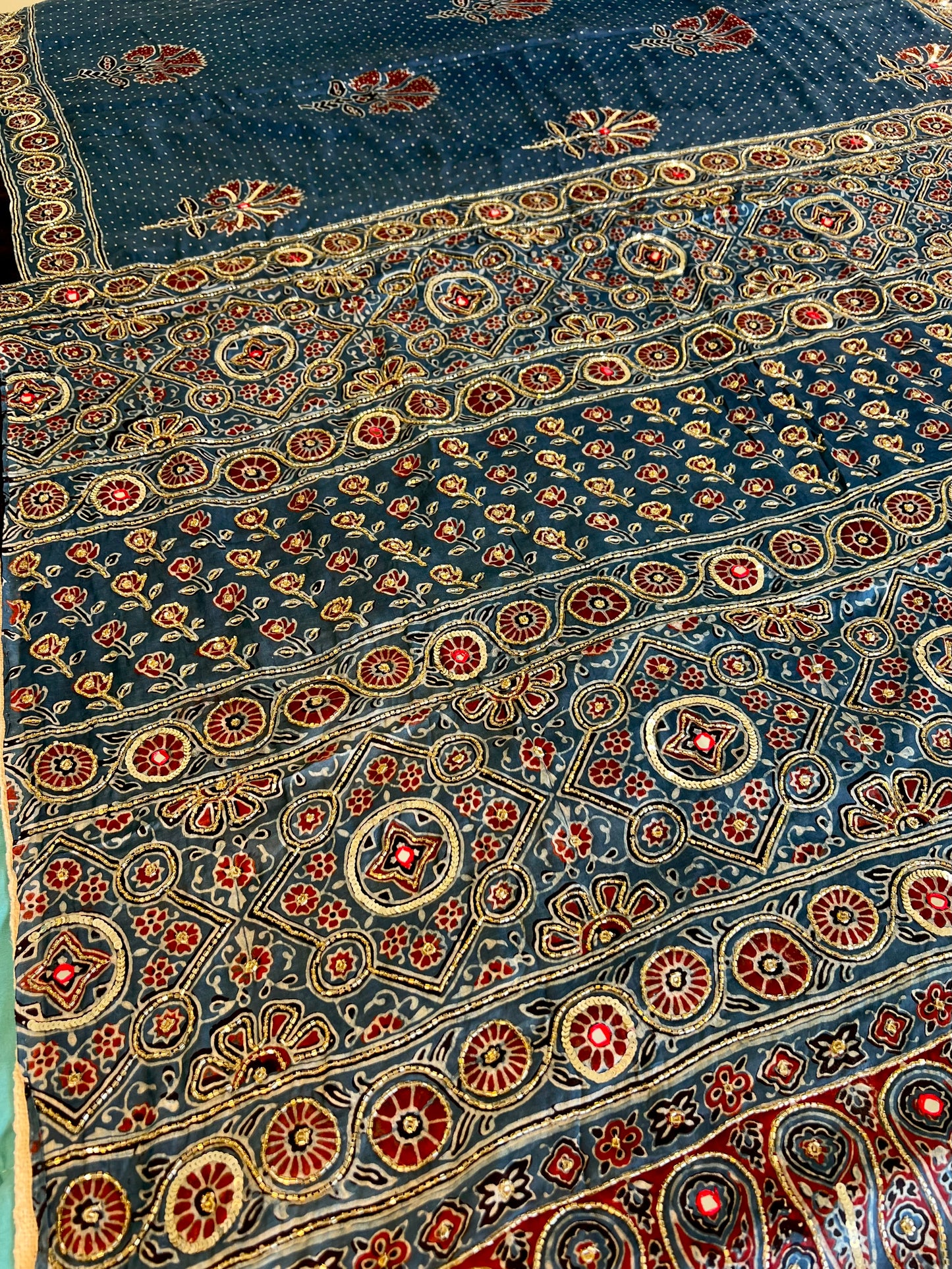 Royal Blossom - Pure Modal Ajrakh Hand Embroidered Saree