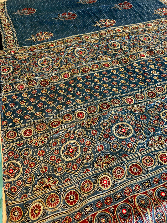Royal Blossom - Pure Modal Ajrakh Hand Embroidered Saree