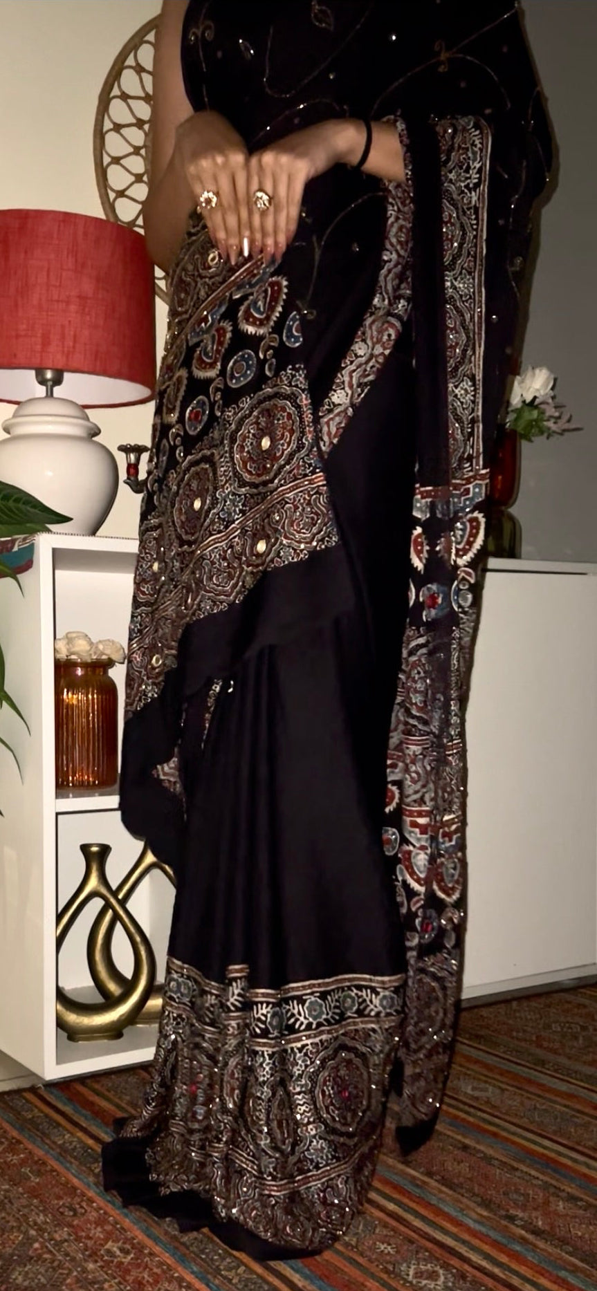 MIDNIGHT SHIMMER - Pure Modal Ajrakh Hand Embroidered Saree