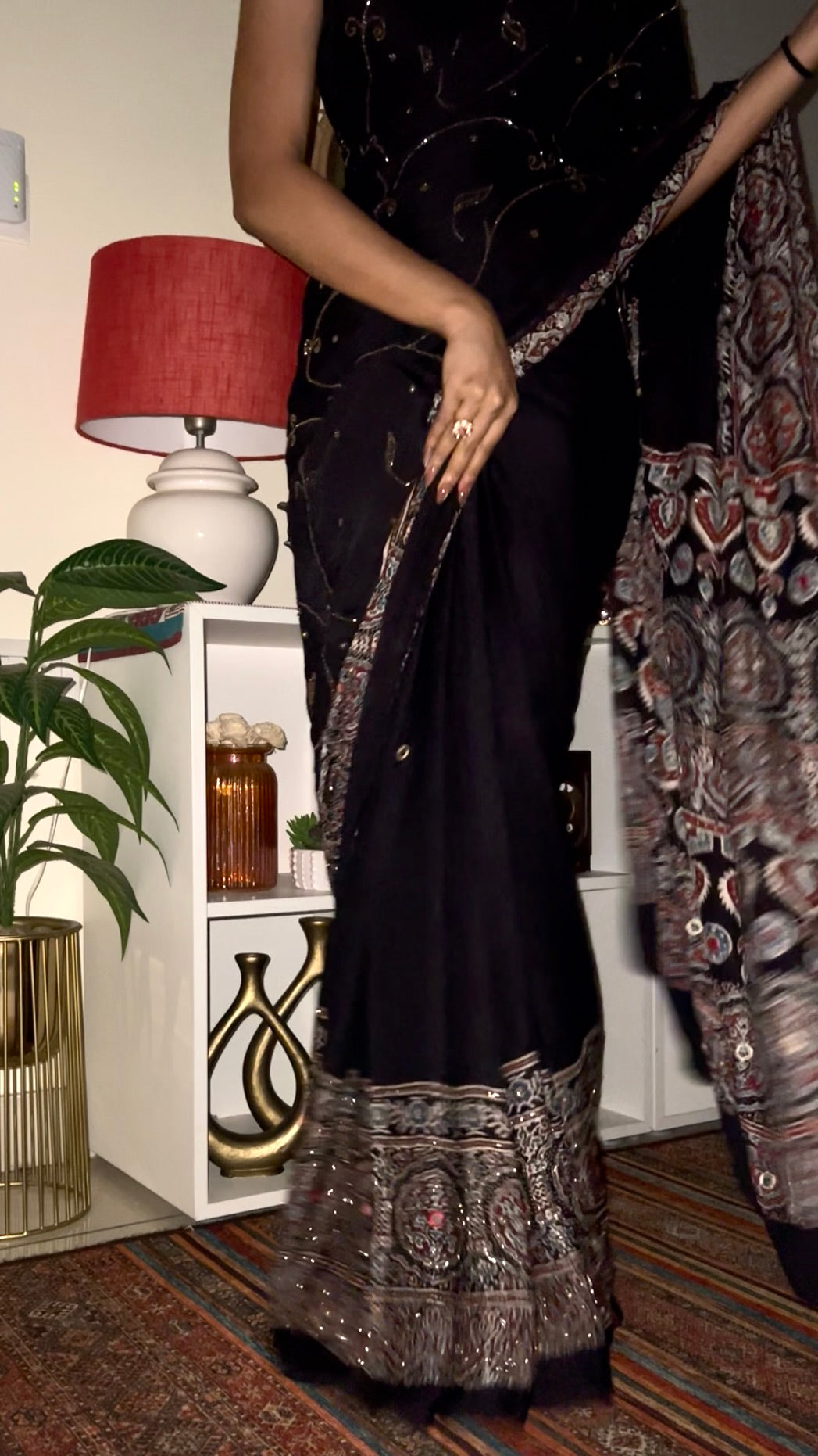 MIDNIGHT SHIMMER - Pure Modal Ajrakh Hand Embroidered Saree