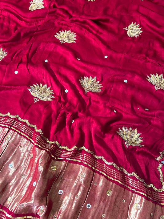 RUBY LOTUS - Pure Modal Hand Embroidered Saree with Tassels