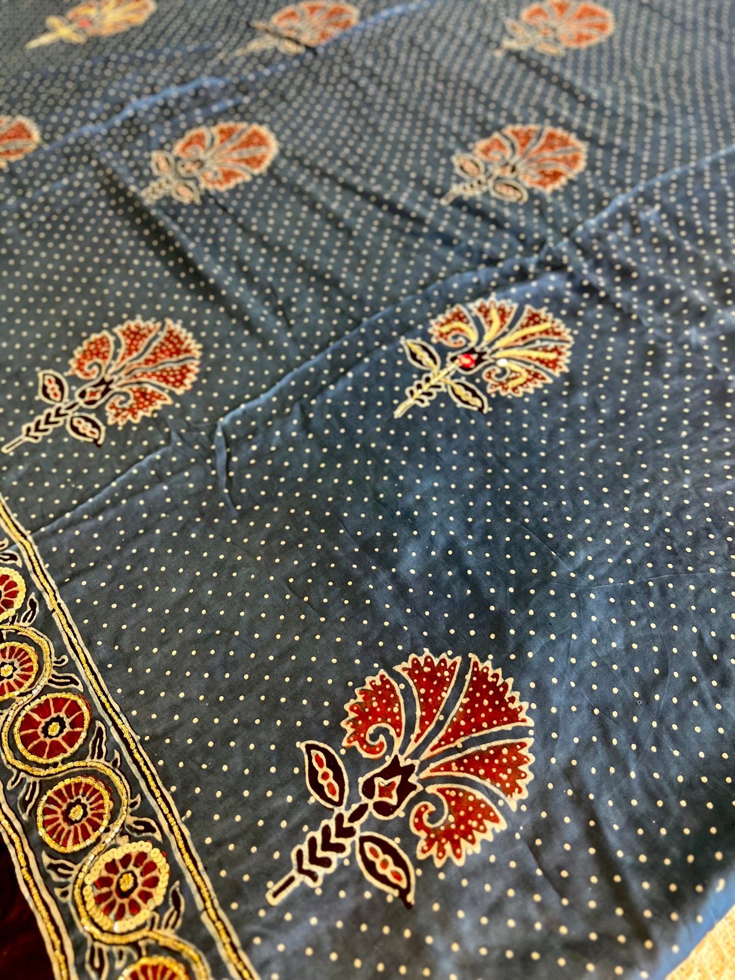 Royal Blossom - Pure Modal Ajrakh Hand Embroidered Saree