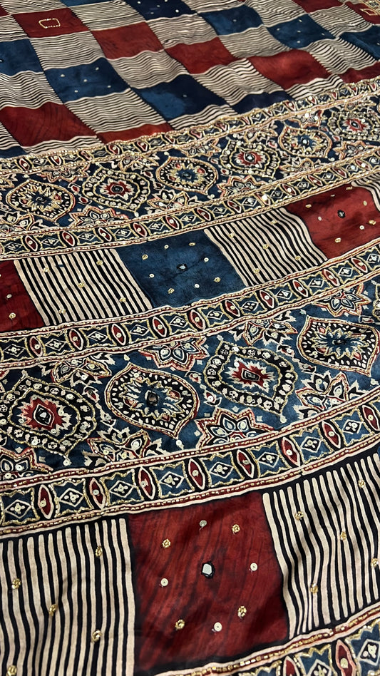 Red, Blue and White Large Checks Pure Modal Ajrakh Hand Embroidered Saree