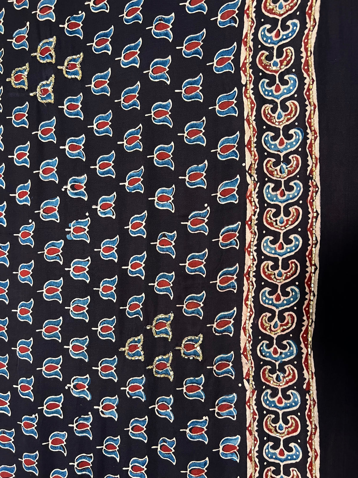 EBONY BLOSSOM - Pure Modal Ajrakh Hand Embroidered Saree