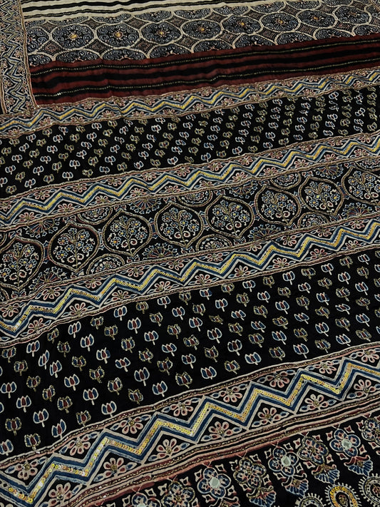 OBSIDIAN DREAMS - Pure Modal Ajrakh Hand Embroidered Saree