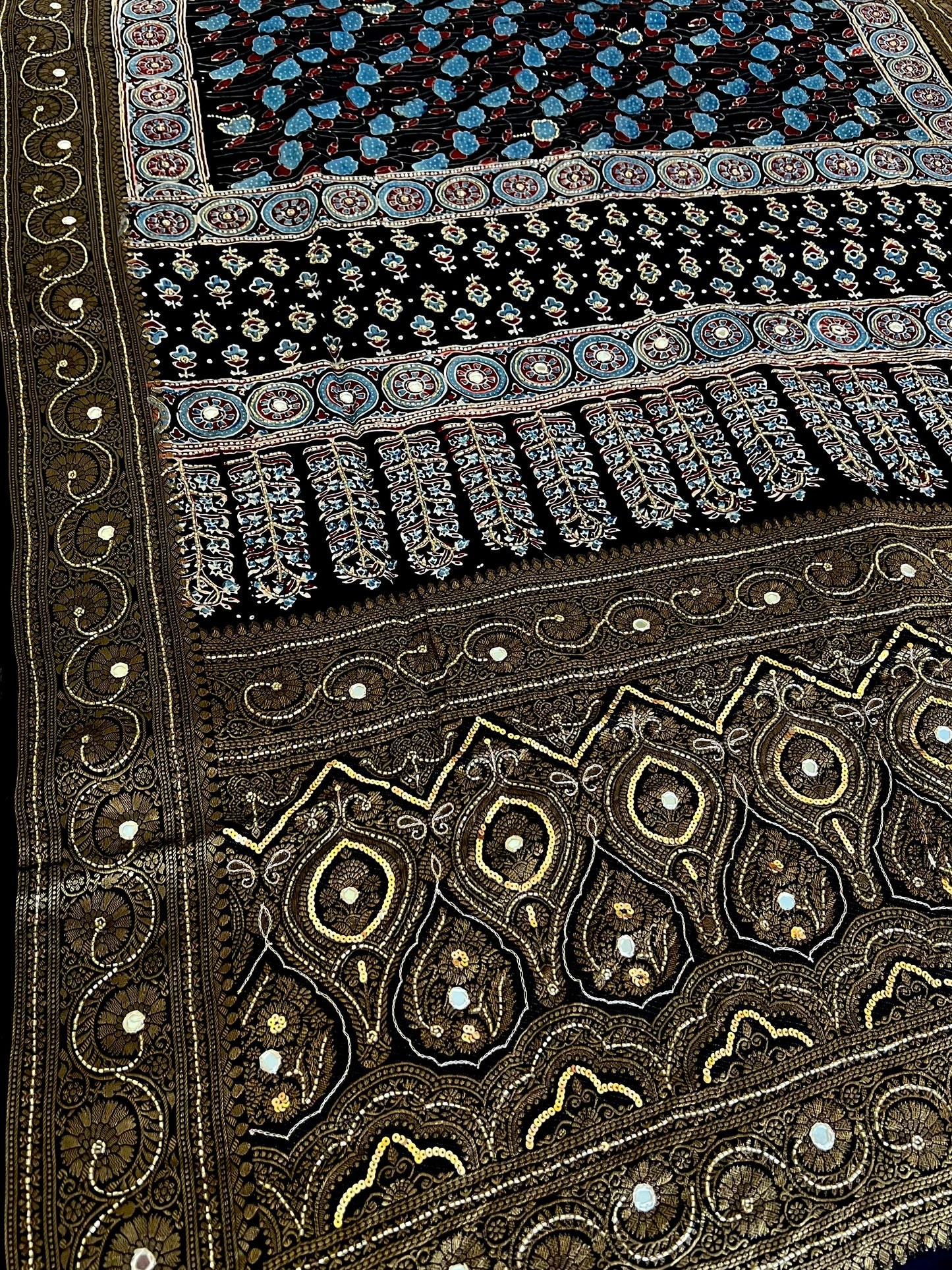 NOIR RADIANCE - Pure Dola Ajrakh Hand Embroidered Saree