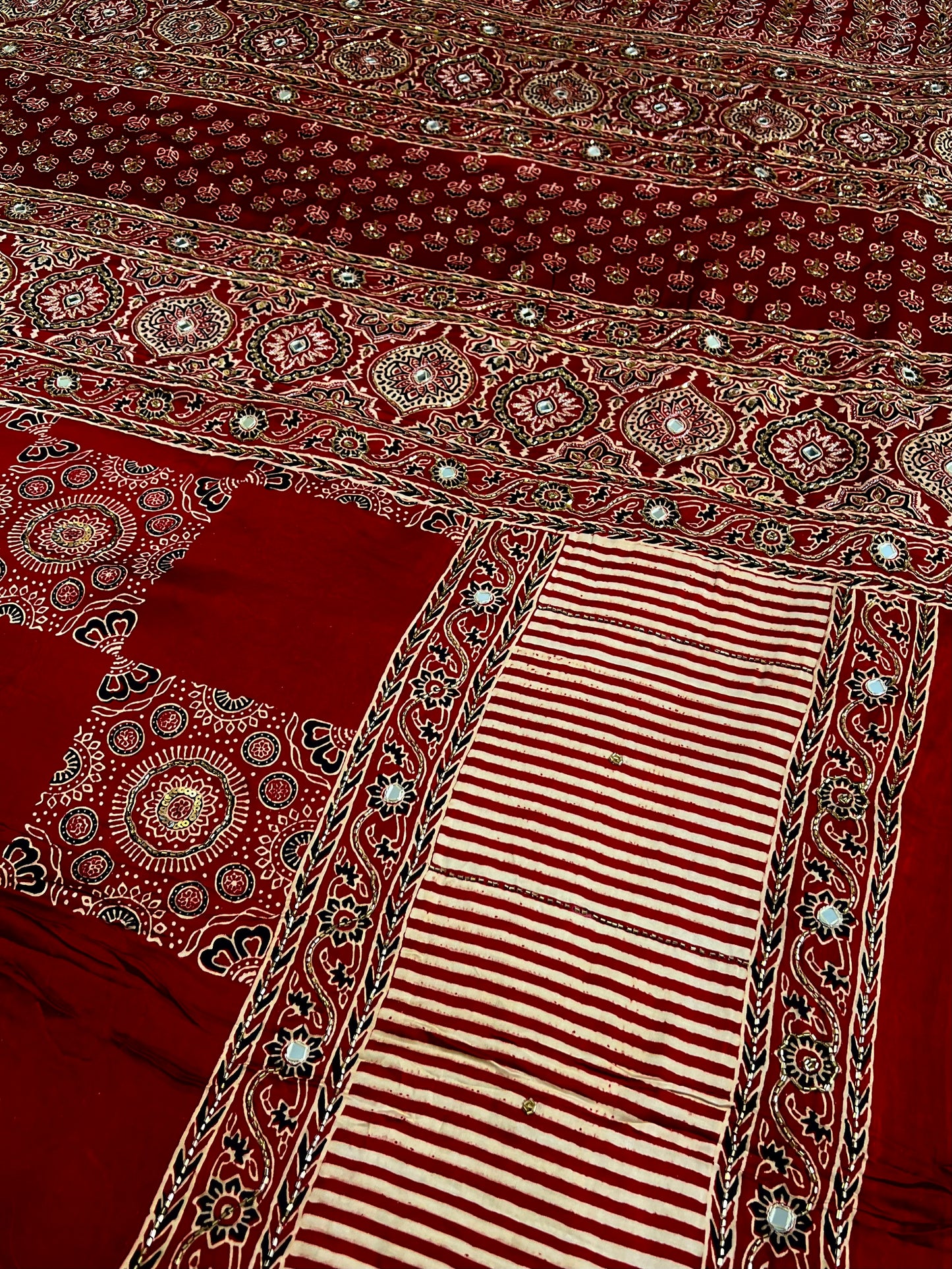SCARLET DREAMS - Pure Modal Ajrakh Hand Embroidered Saree