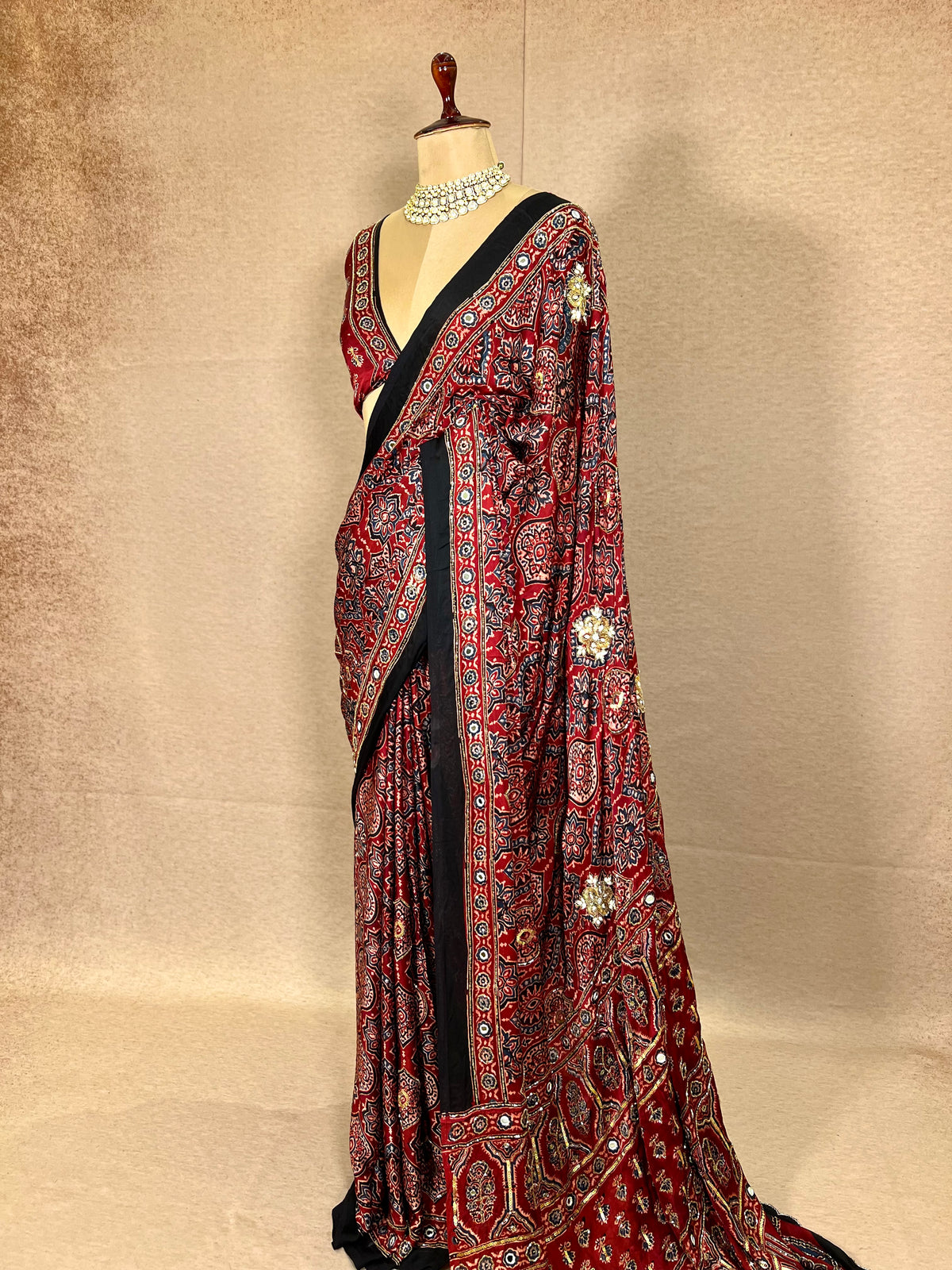 CARMINE MUSE - Pure Modal Ajrakh Hand Embroidered Saree
